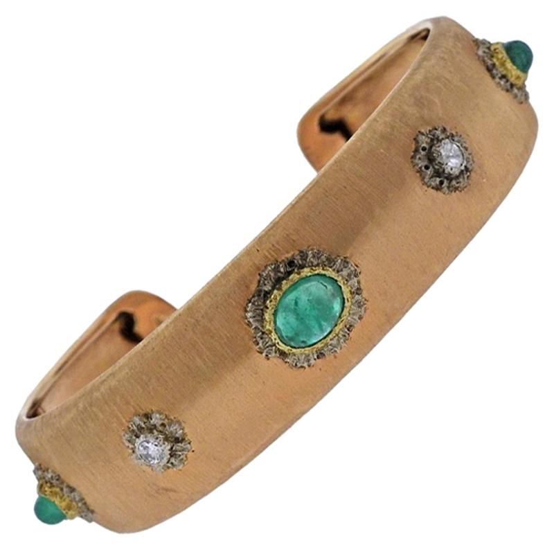 Buccellati Emerald Diamond Gold Cuff Bracelet For Sale