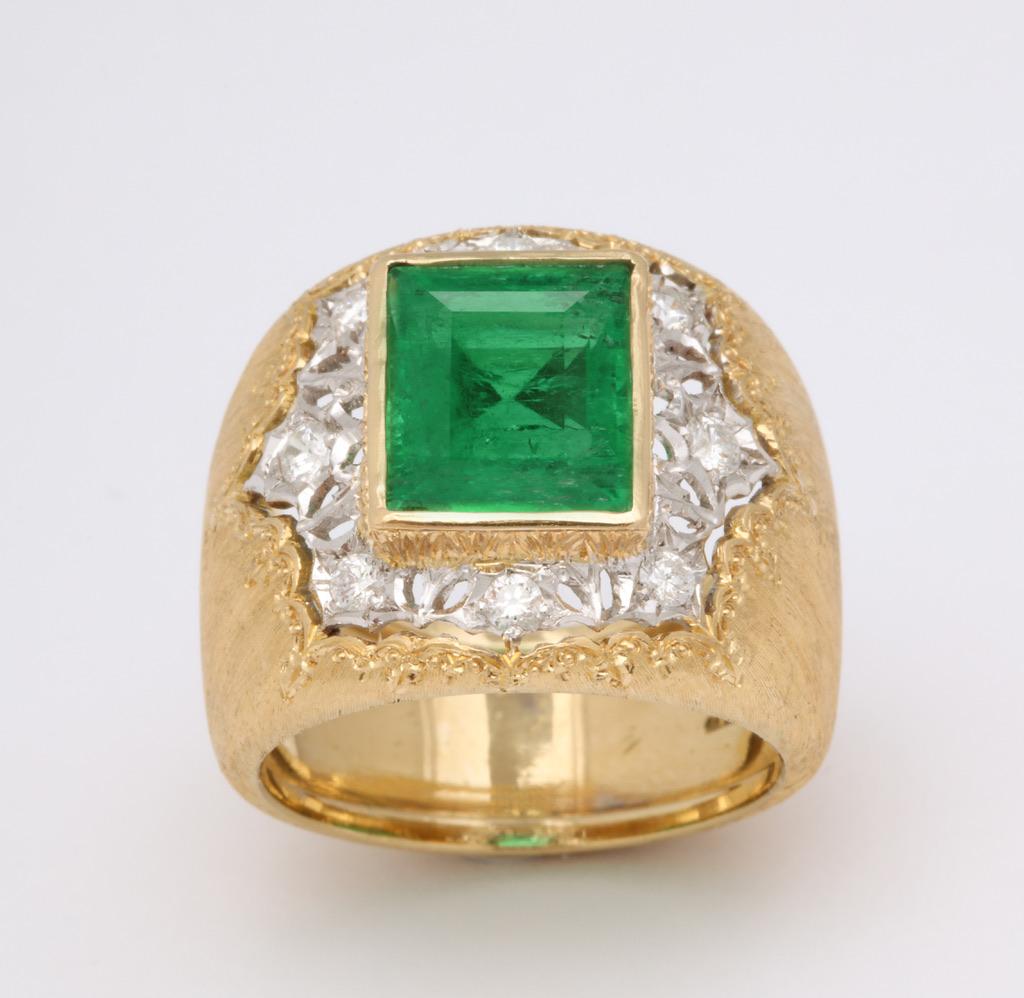 An exquisite combination of satin finished yellow gold and lace like white gold perfectly frames the app. 4 1/2 carat rectangular emerald.  A timeless classic from one of Italy's best.
Signed and hallmarked for authenticity.
