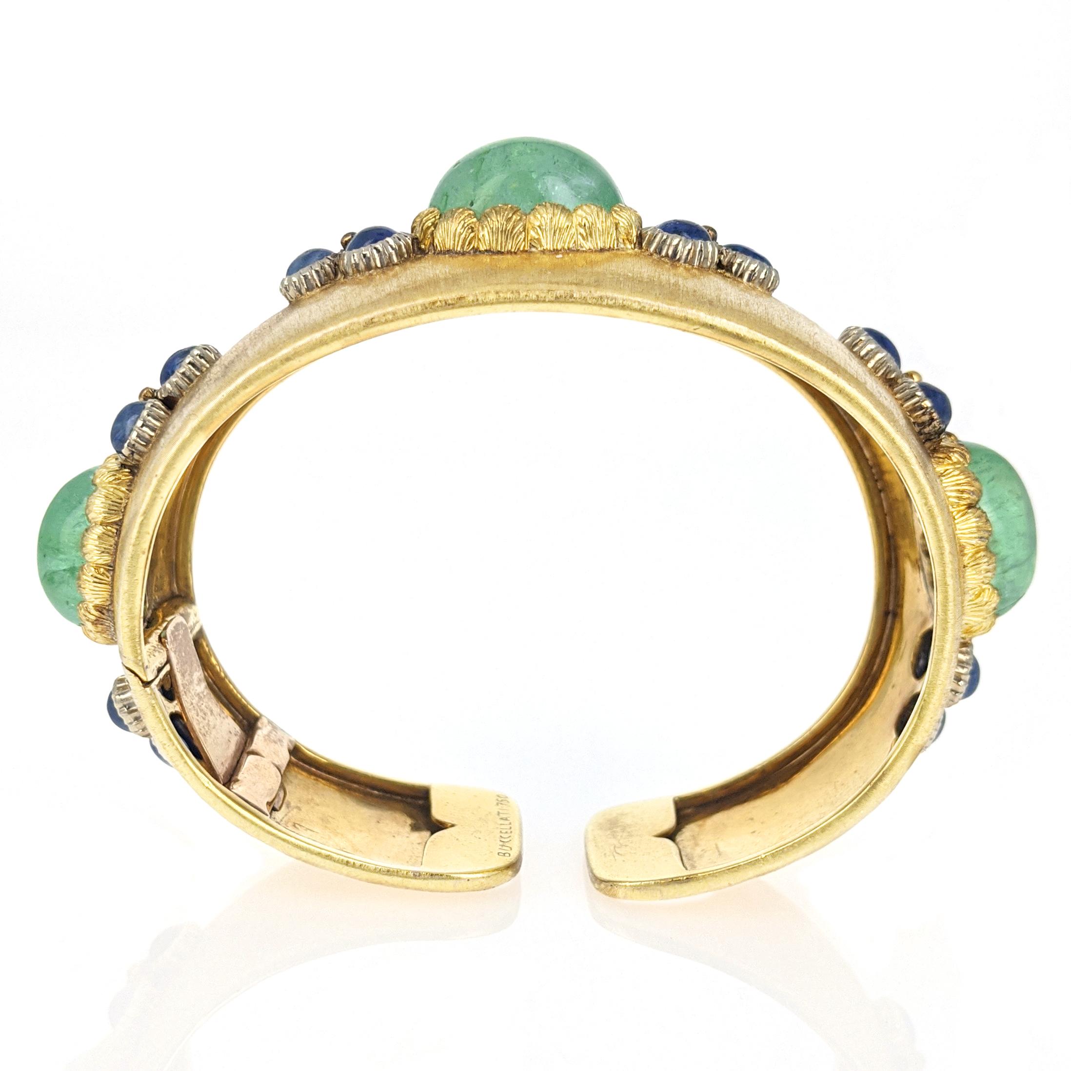 Women's or Men's Buccellati Emerald Sapphire Yellow Gold Cuff Bracelet
