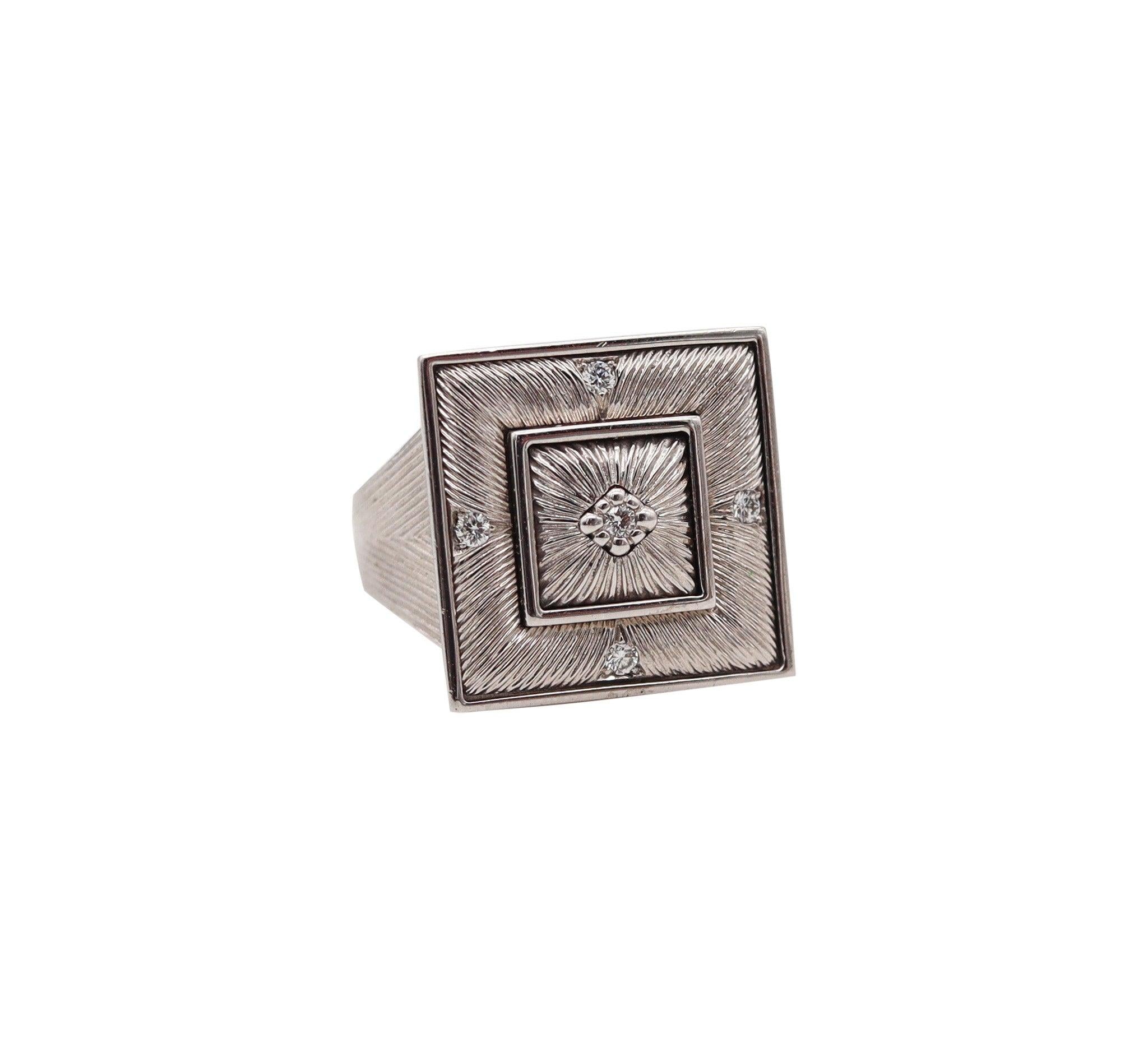 BUCCELLATI Etched Squared Cocktail Ring In 18Kt White Gold With Diamonds For Sale 2