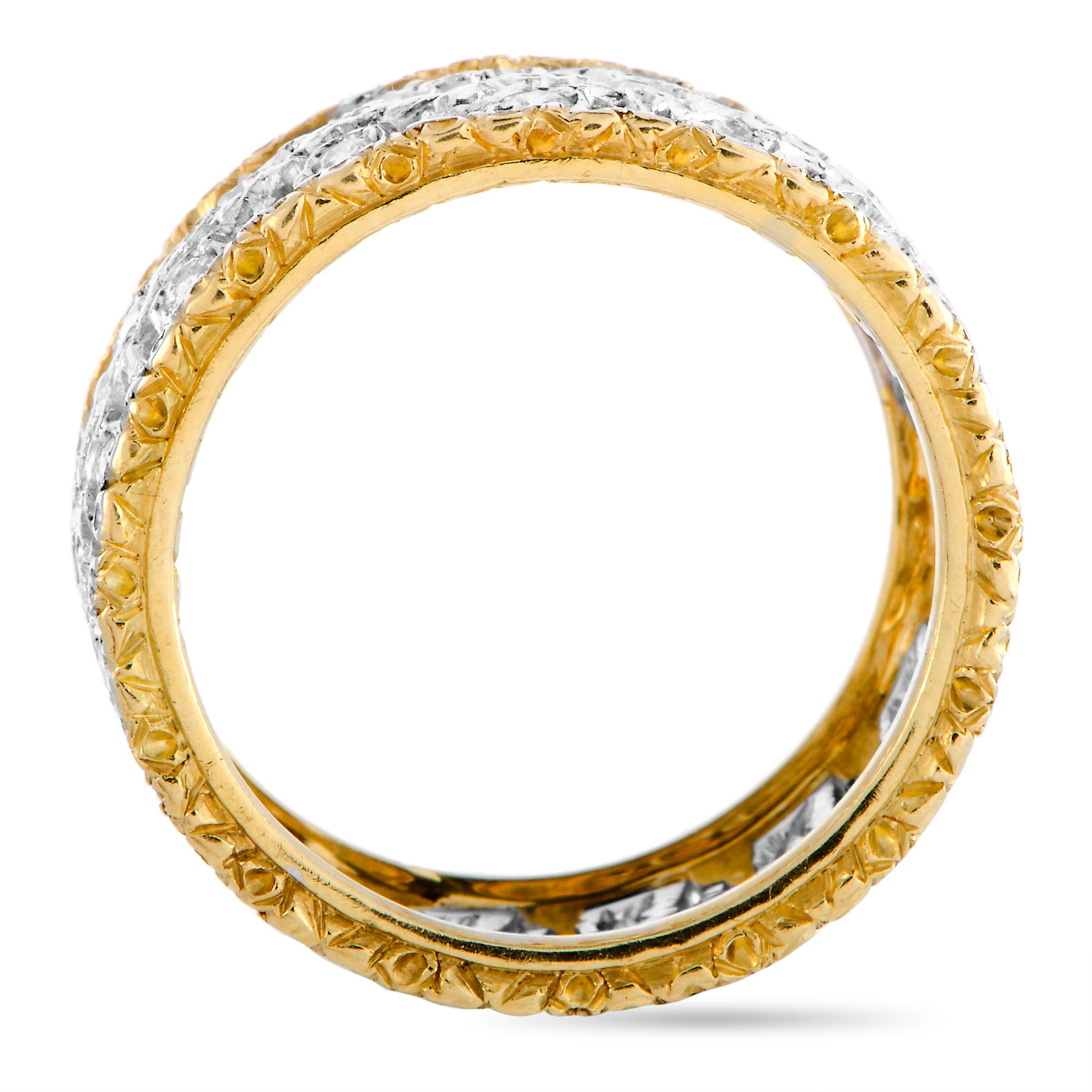 The Buccellati “Éternelle” wedding band is made out of 18K white and yellow gold and weighs 6 grams, boasting band thickness of 10 mm. The ring is embellished with diamonds that amount to 0.65 carats.

This item is offered in estate condition and