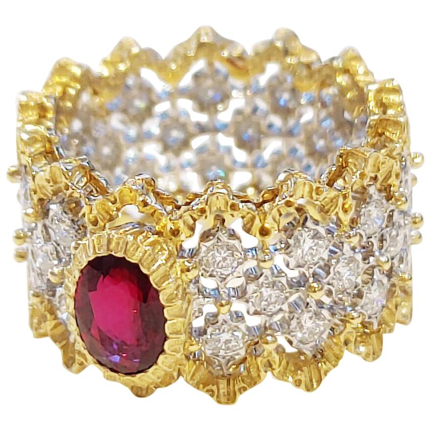 Buccellati Eternelle Ring with Ruby in Openwork White Gold Set with Diamonds