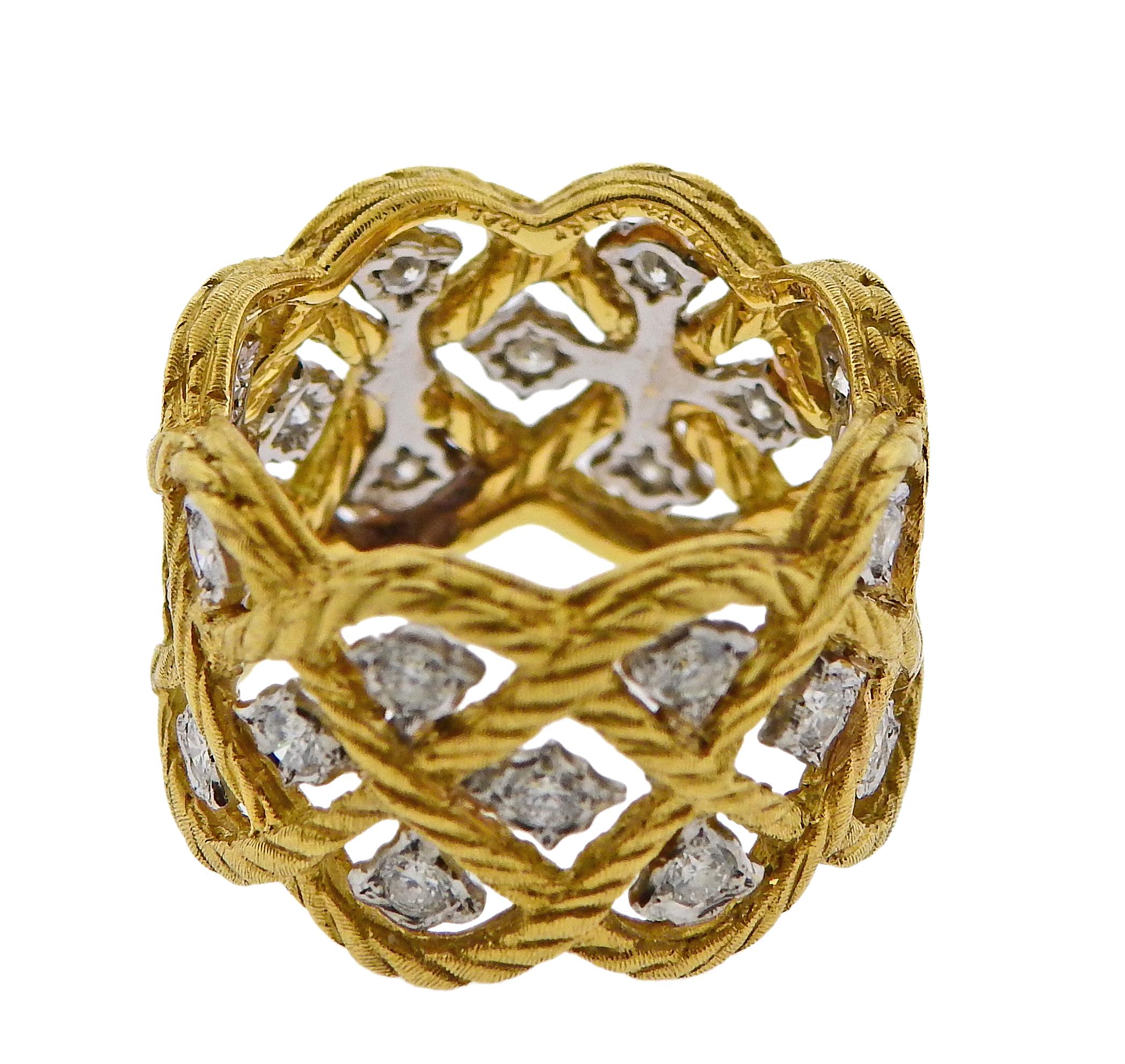 Buccellati Etoilee Diamond Gold Wide Band Ring In Excellent Condition In Lambertville, NJ