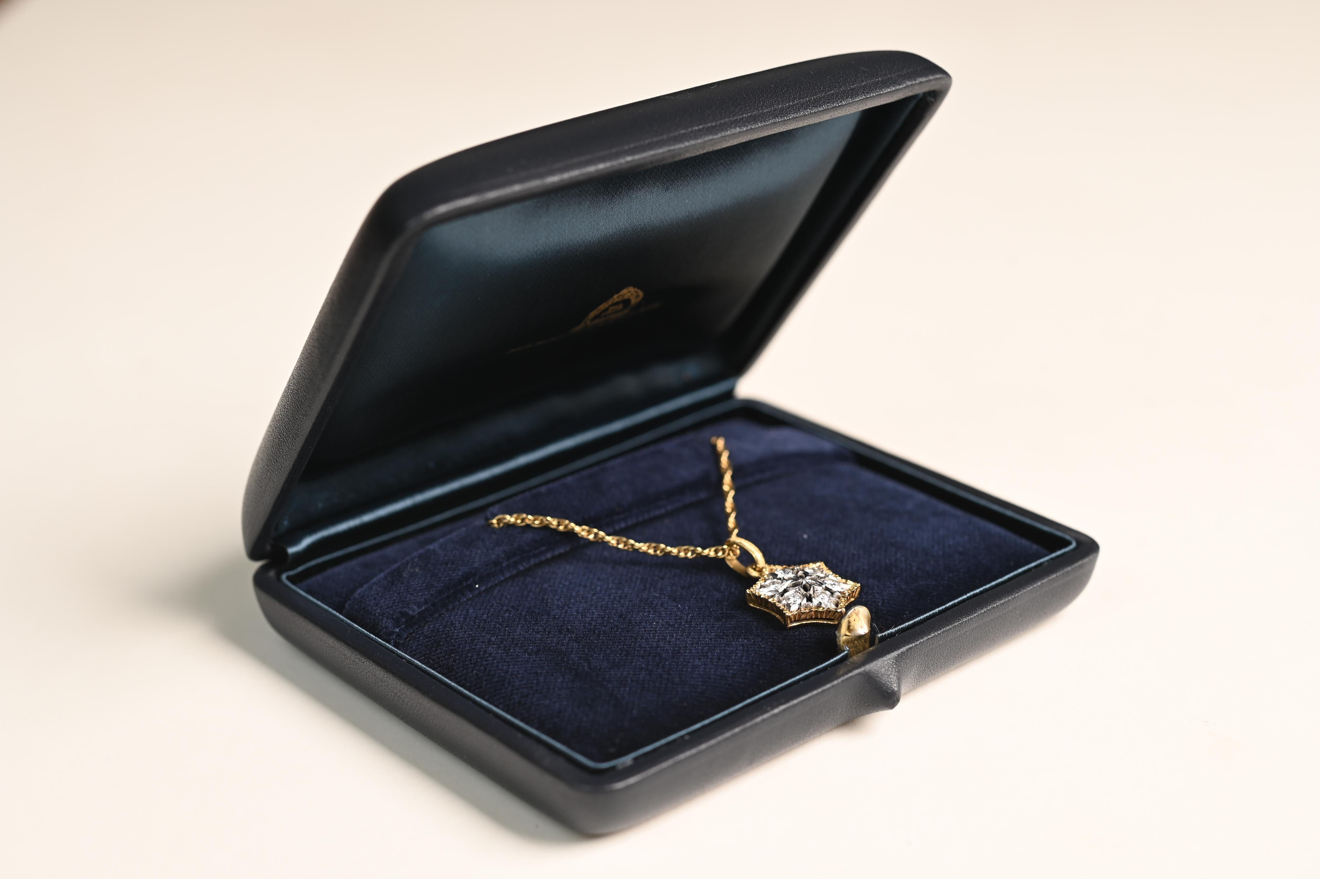 A striking example of Italian luxury, this Buccellati necklace showcases the brand’s renowned artistry through an intricate floral design rendered in 18k white gold. Each petal and flourish is delicately highlighted by fine diamond accents, totaling