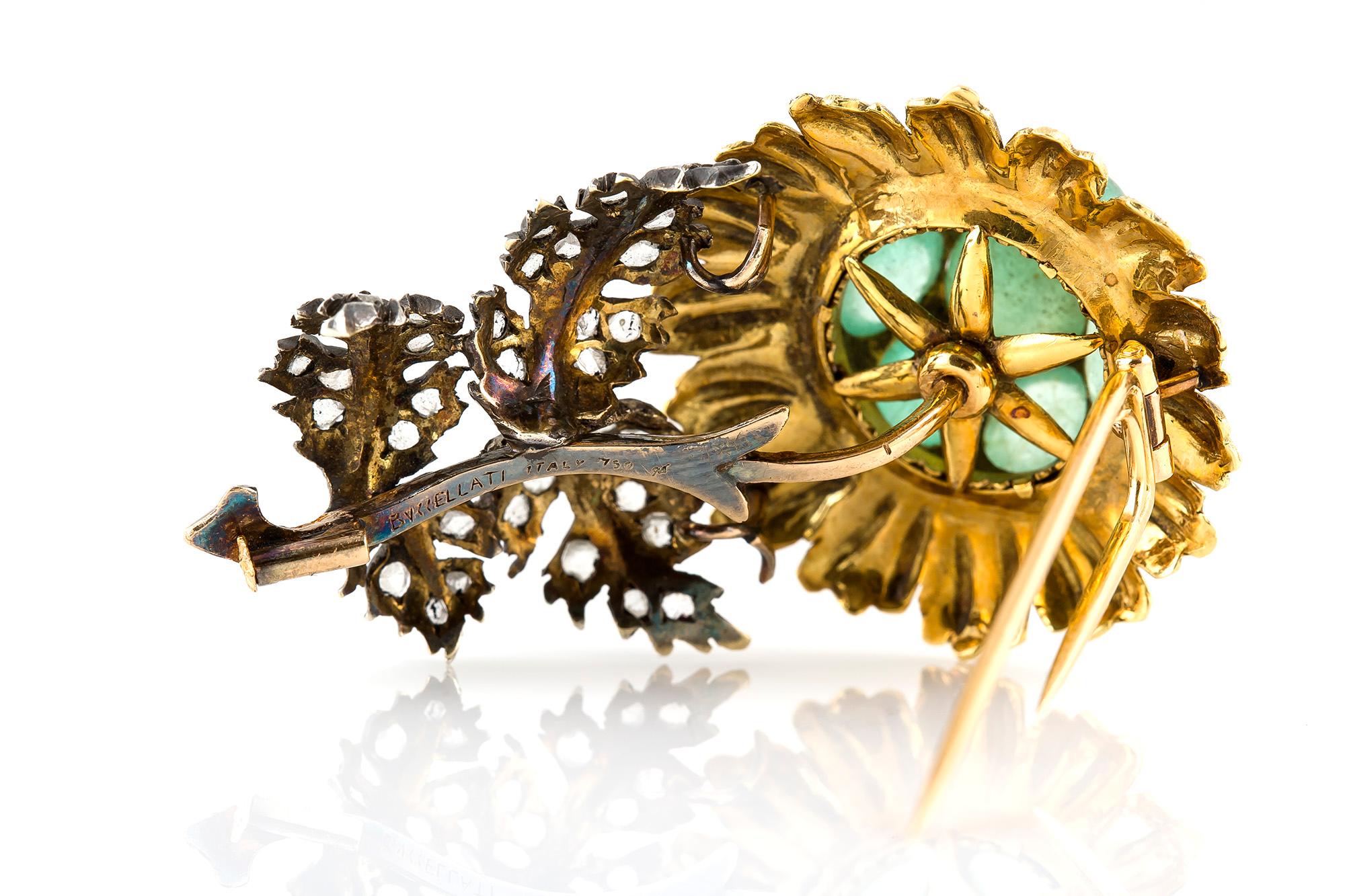 Signed by Buccellati flower brooch finely crafted in sliver on top of gold and 18k yellow gold with cabochon emerald. 