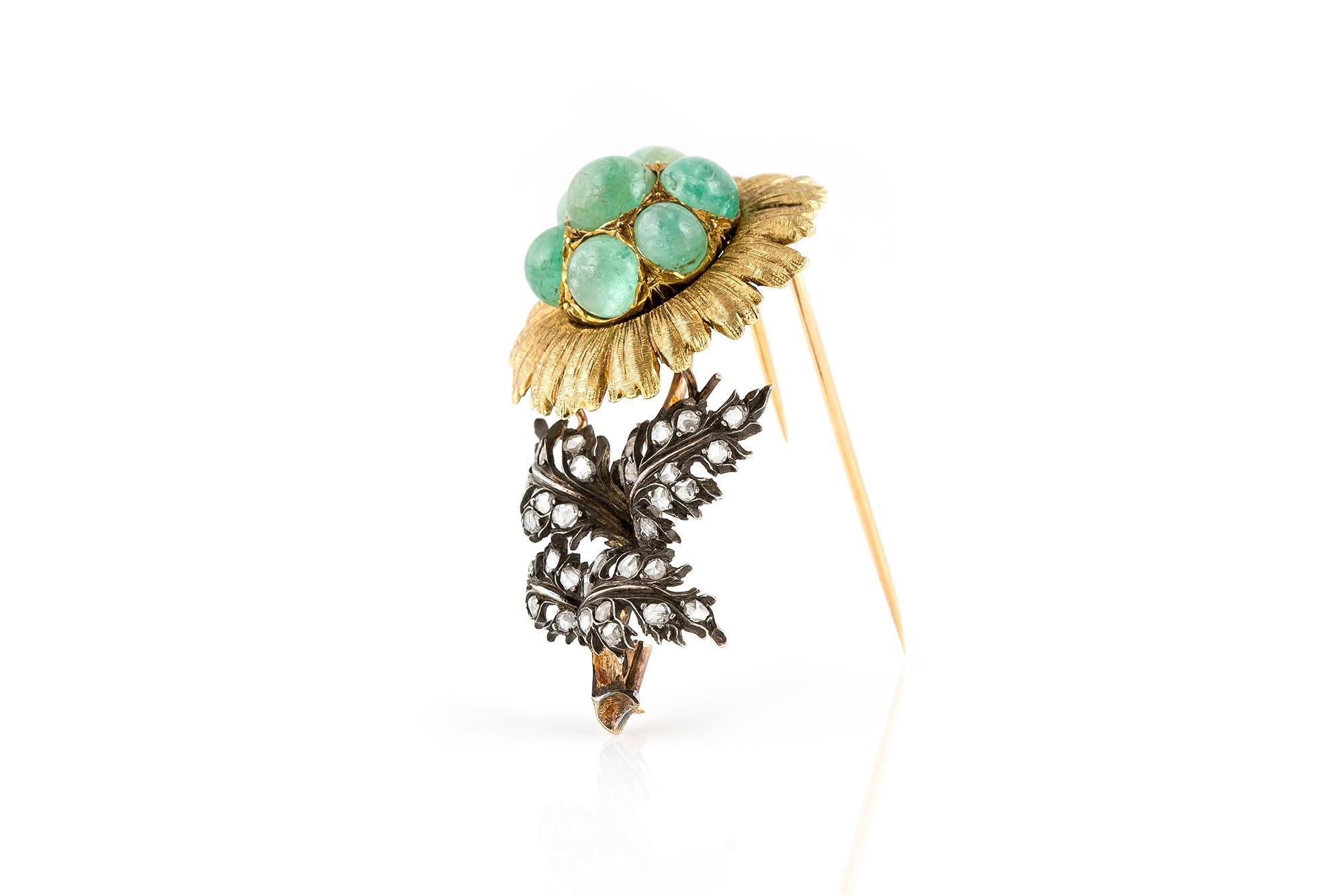 Round Cut Buccellati Flower Emerald Brooch