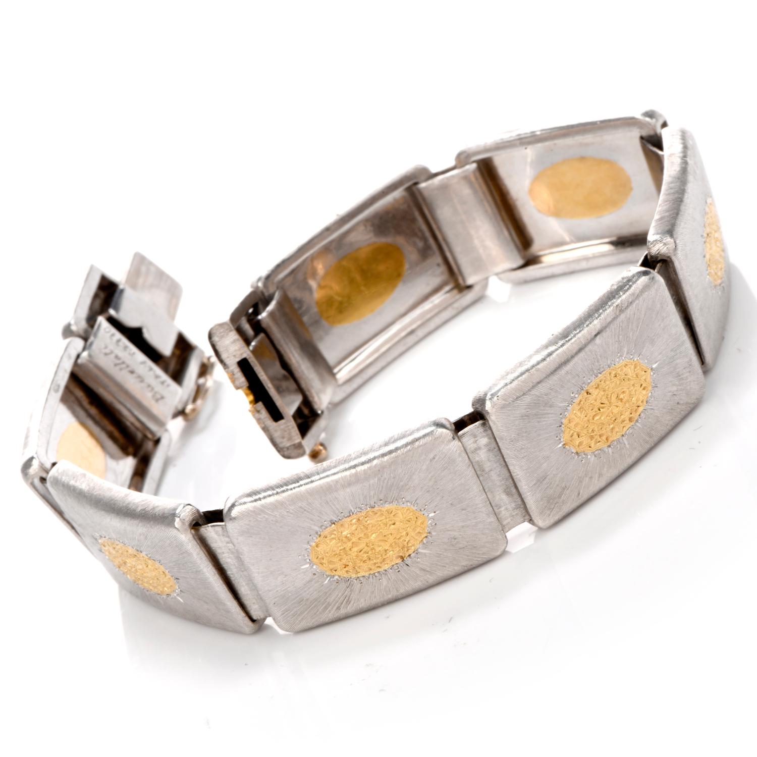 This graceful Buccellati unisex link bracelet is crafted in a combination of silver and 18-karat yellow gold, weighing 41.8 grams and measuring 7