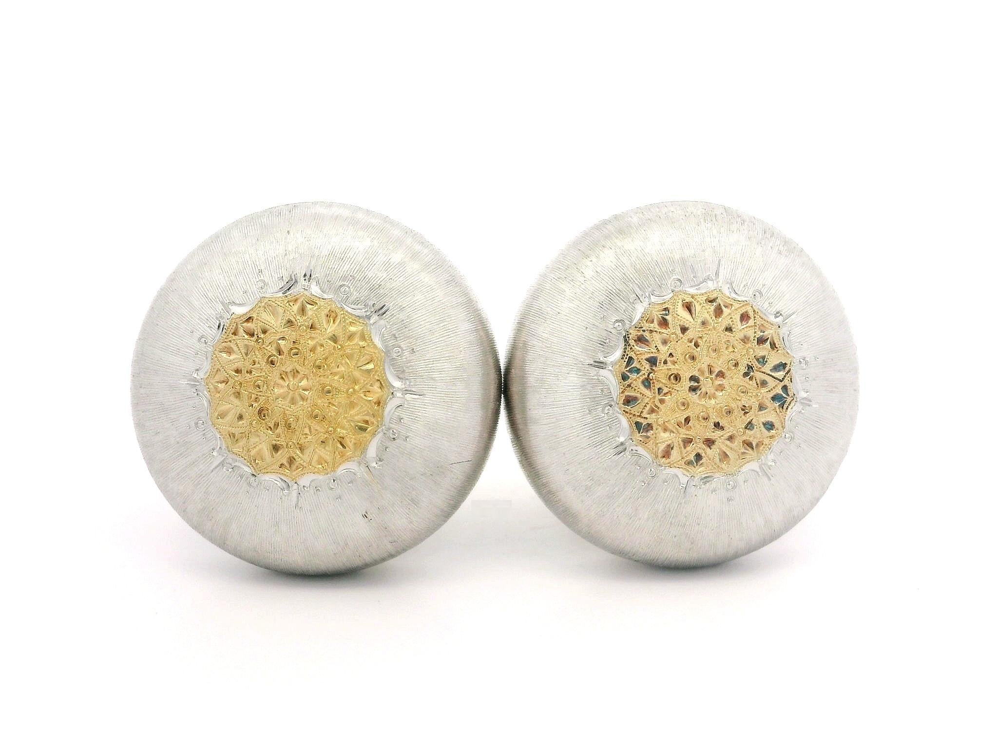 Buccellati Geninato Silver & Yellow Gold Hand Engraved Button Clip On Earrings