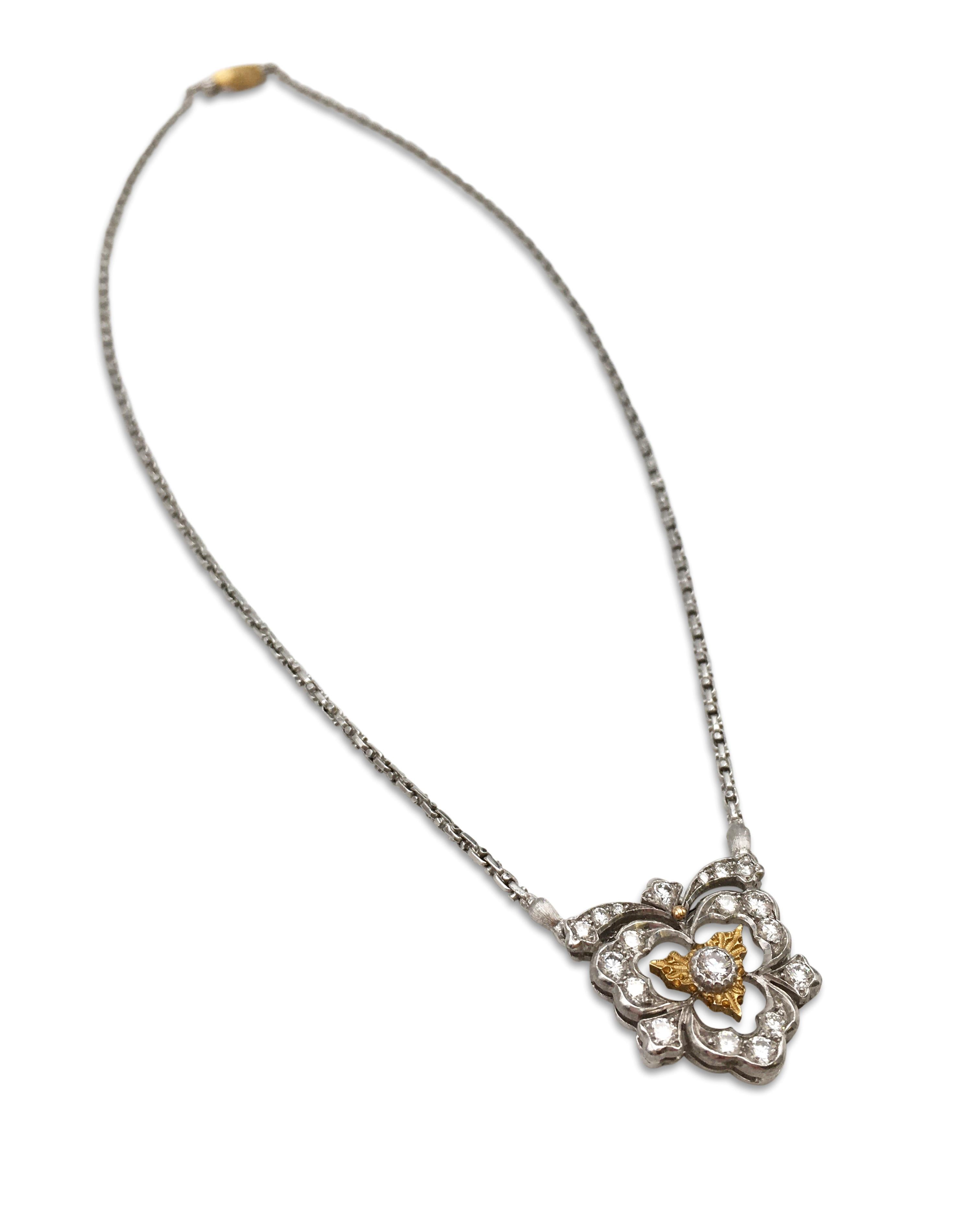 Round Cut Buccellati Gold and Diamond Pendant Necklace