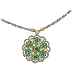 Buccellati Gold Diamond Ruby Emerald Pendant Necklace