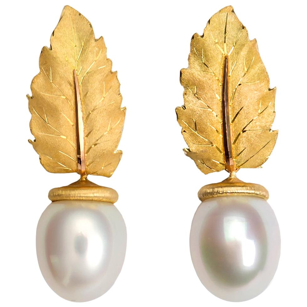 Buccellati Gold Leaf and Pearl Drop Earrings