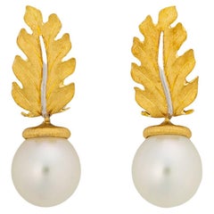 Antique Buccellati Gold Leaf and Pearl Drop Earrings