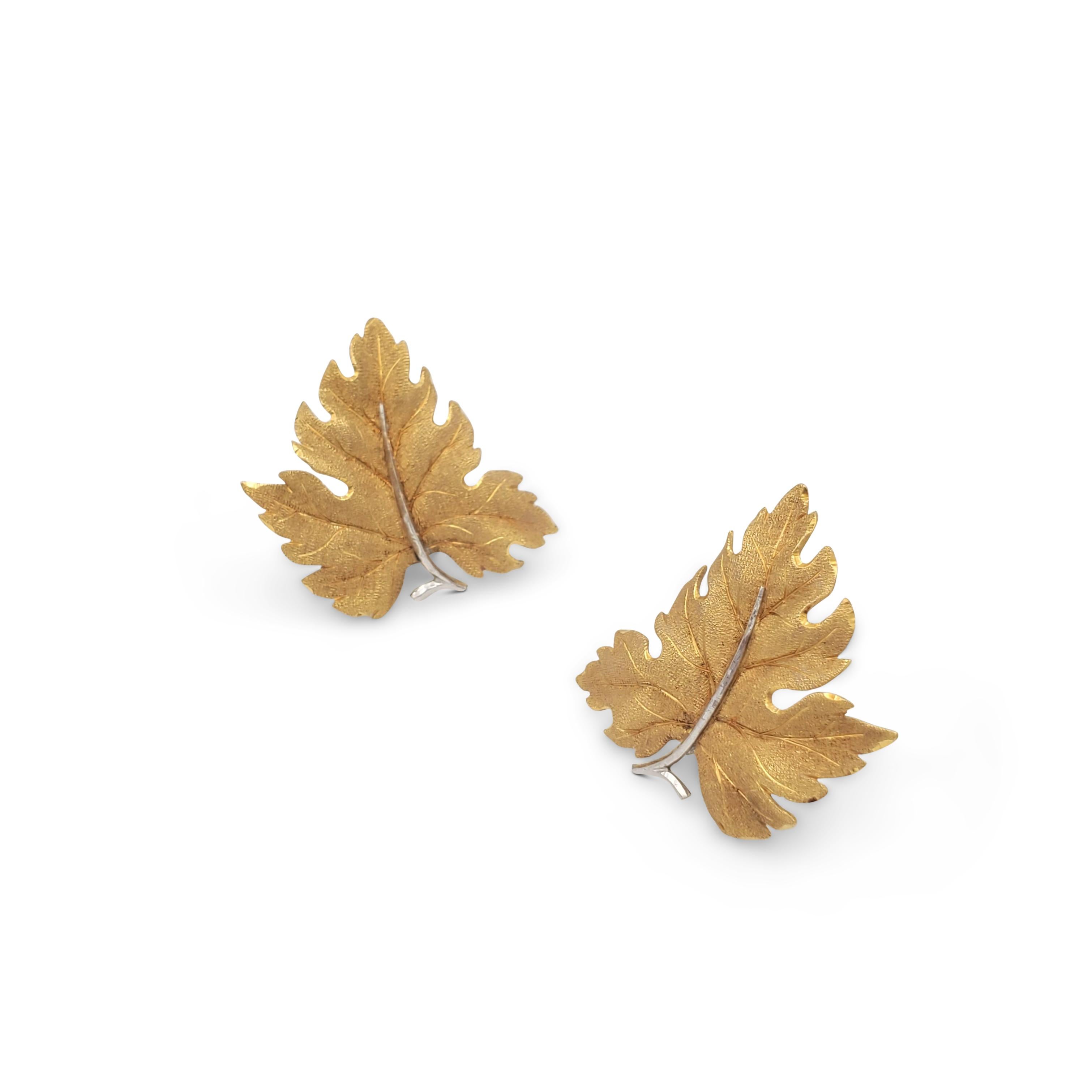 Authentic Buccellati earclips crafted in 18 karat yellow gold.  The detailed leaf design features a textured finish with white gold stems.  Earrings measure 2 inches in length by 1 3/4 inches in width.  Signed Buccellati, Italy, 750. CIRCA 2000s