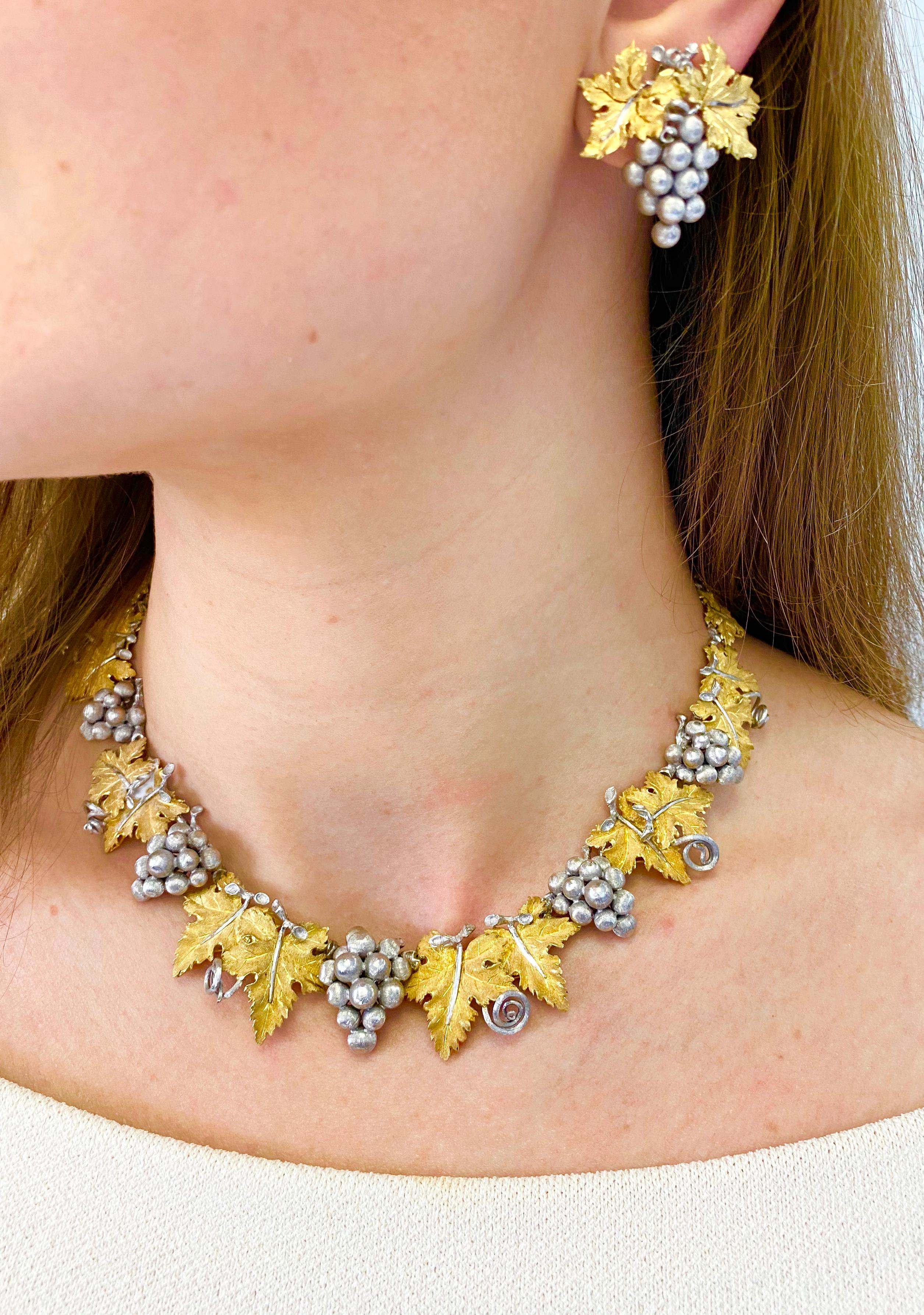 Buccellati  Necklace and Earrings Set.  with yellow gold leafs and a cluster of grape in white gold. 
18k gold 
Necklace  Length is 15.5 inches. Total gold is 90 grams
Signed Gianmaria Buccellati, Maker's Mark, Italy, X3182.