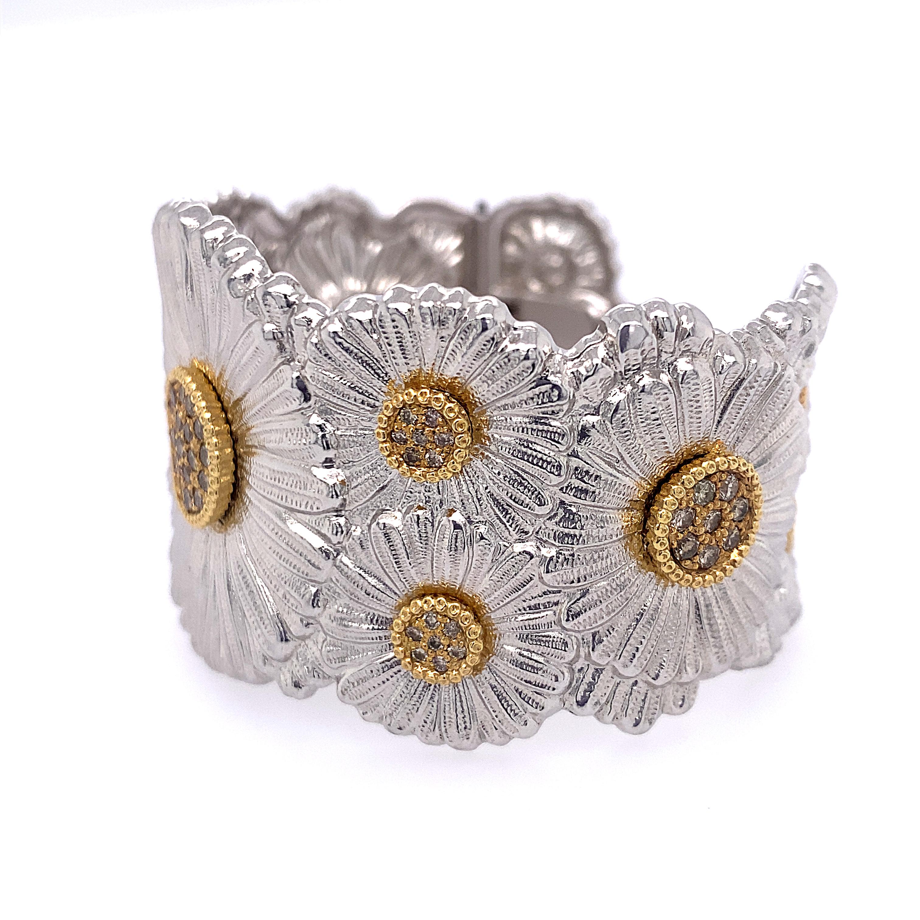 18k yellow gold and sterling silver Diamond  wide cuff bracelet by Buccellati, depicting Daisy flowers. Will fit approx. 7 
