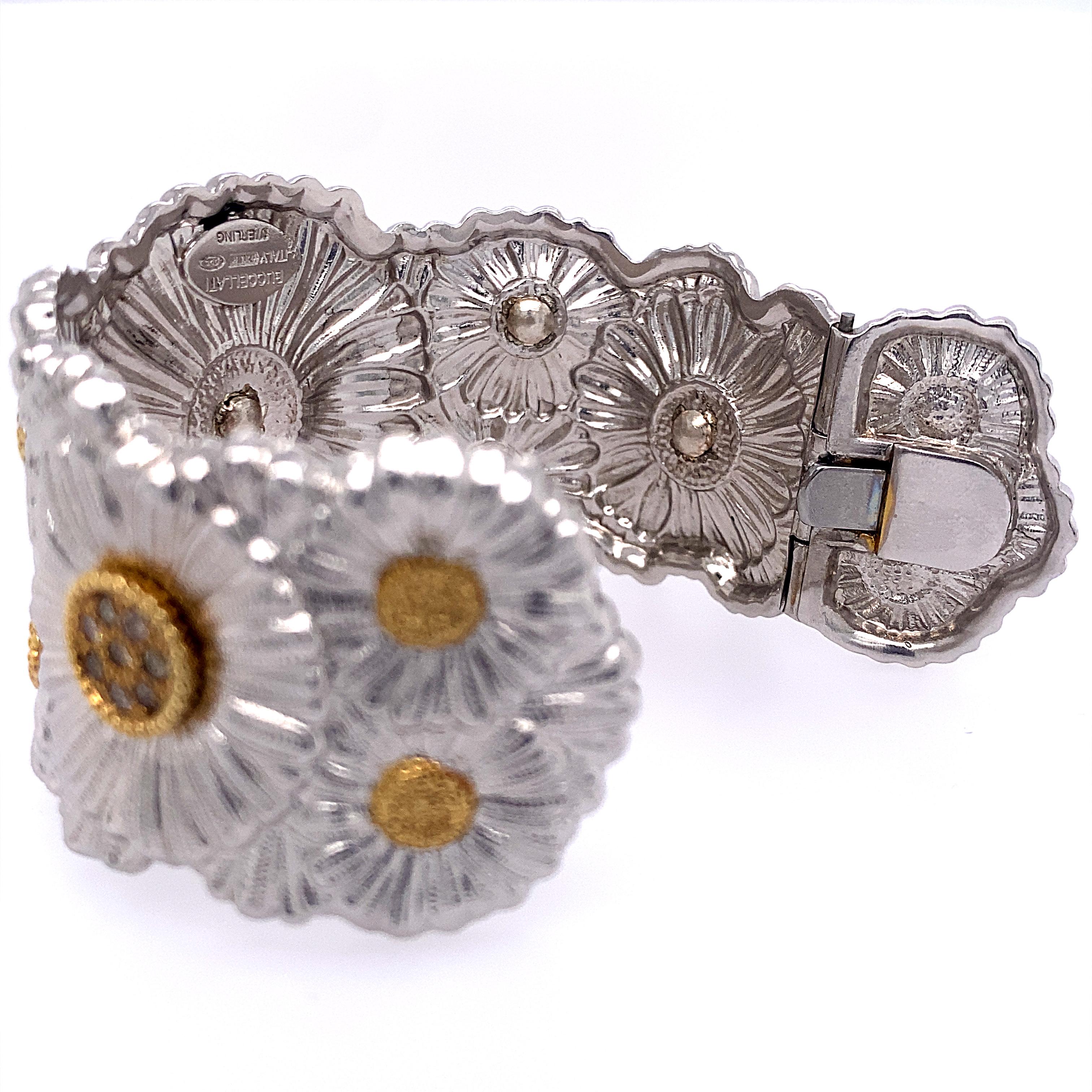 Buccellati Gold Silver Diamond Flower Blossom Cuff Bracelet In New Condition In New York, NY