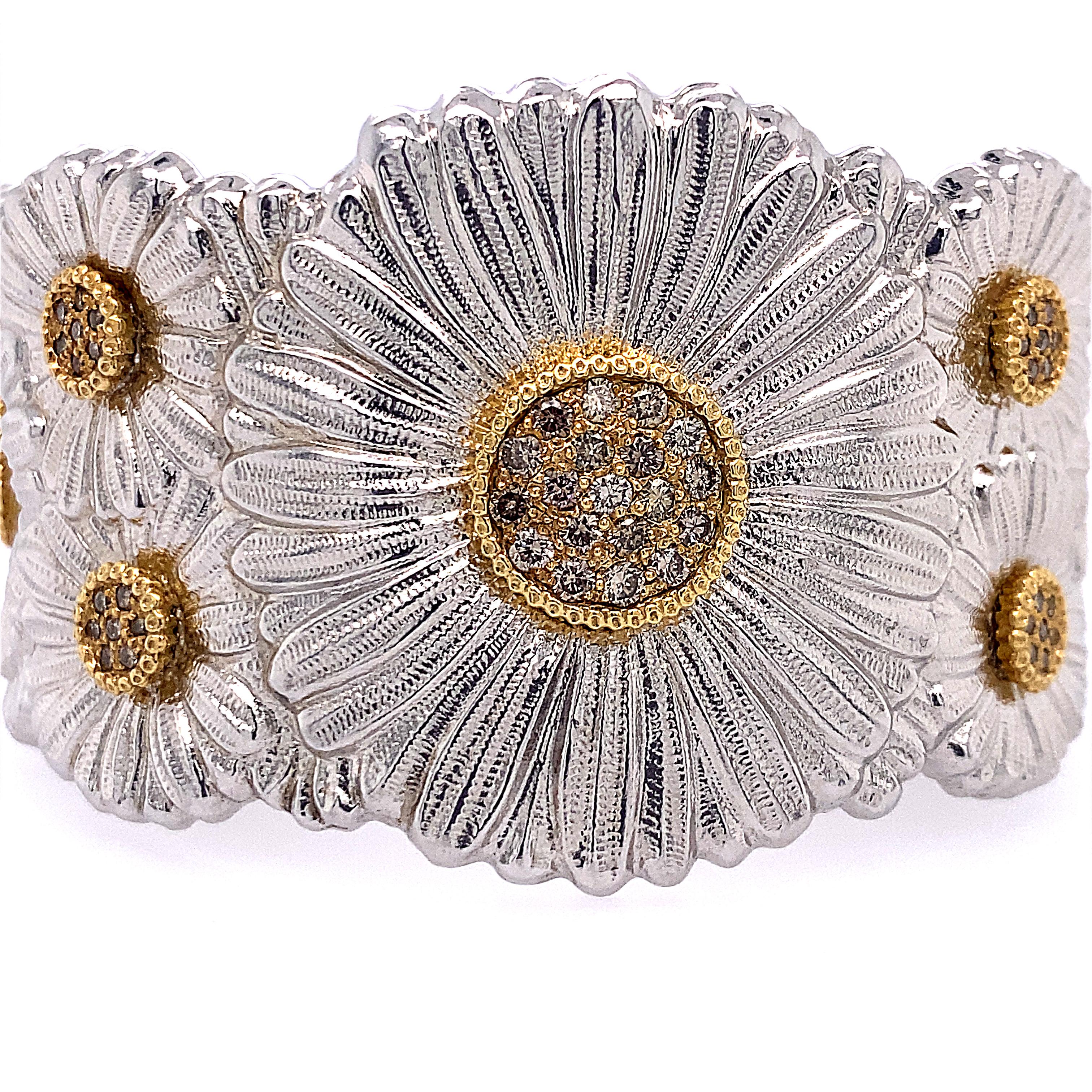 Women's Buccellati Gold Silver Diamond Flower Blossom Cuff Bracelet