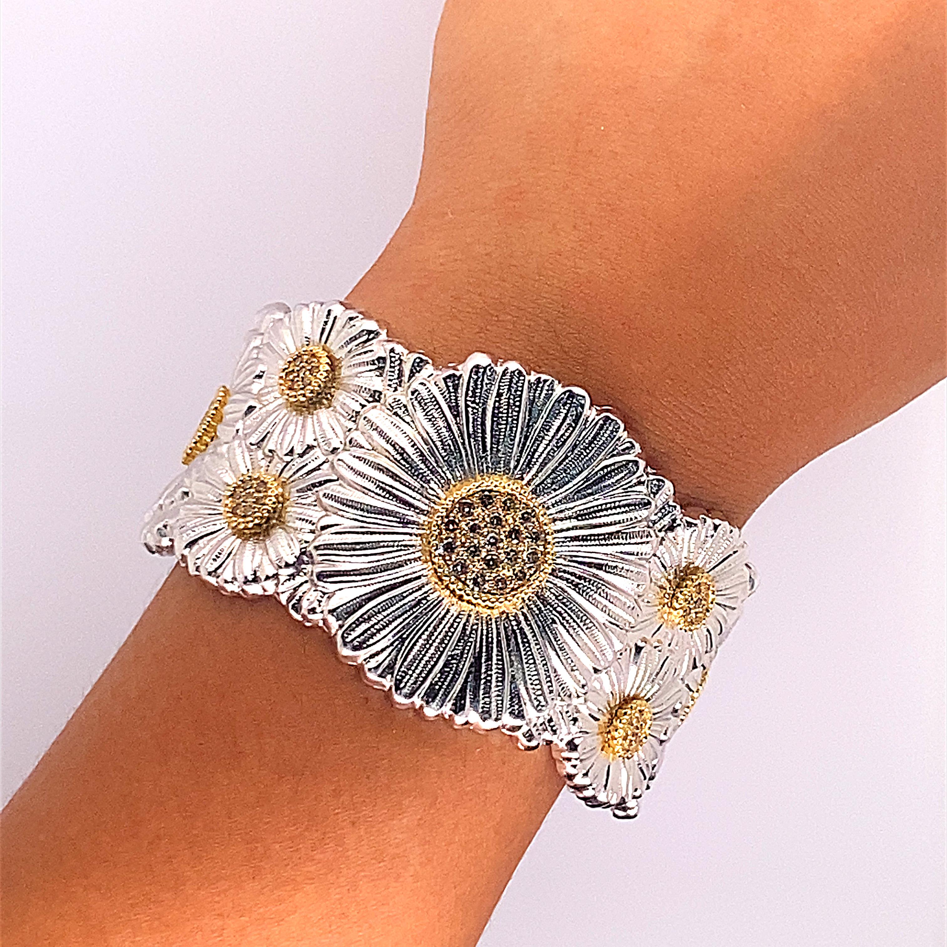 Buccellati Gold Silver Diamond Flower Blossom Cuff Bracelet 2