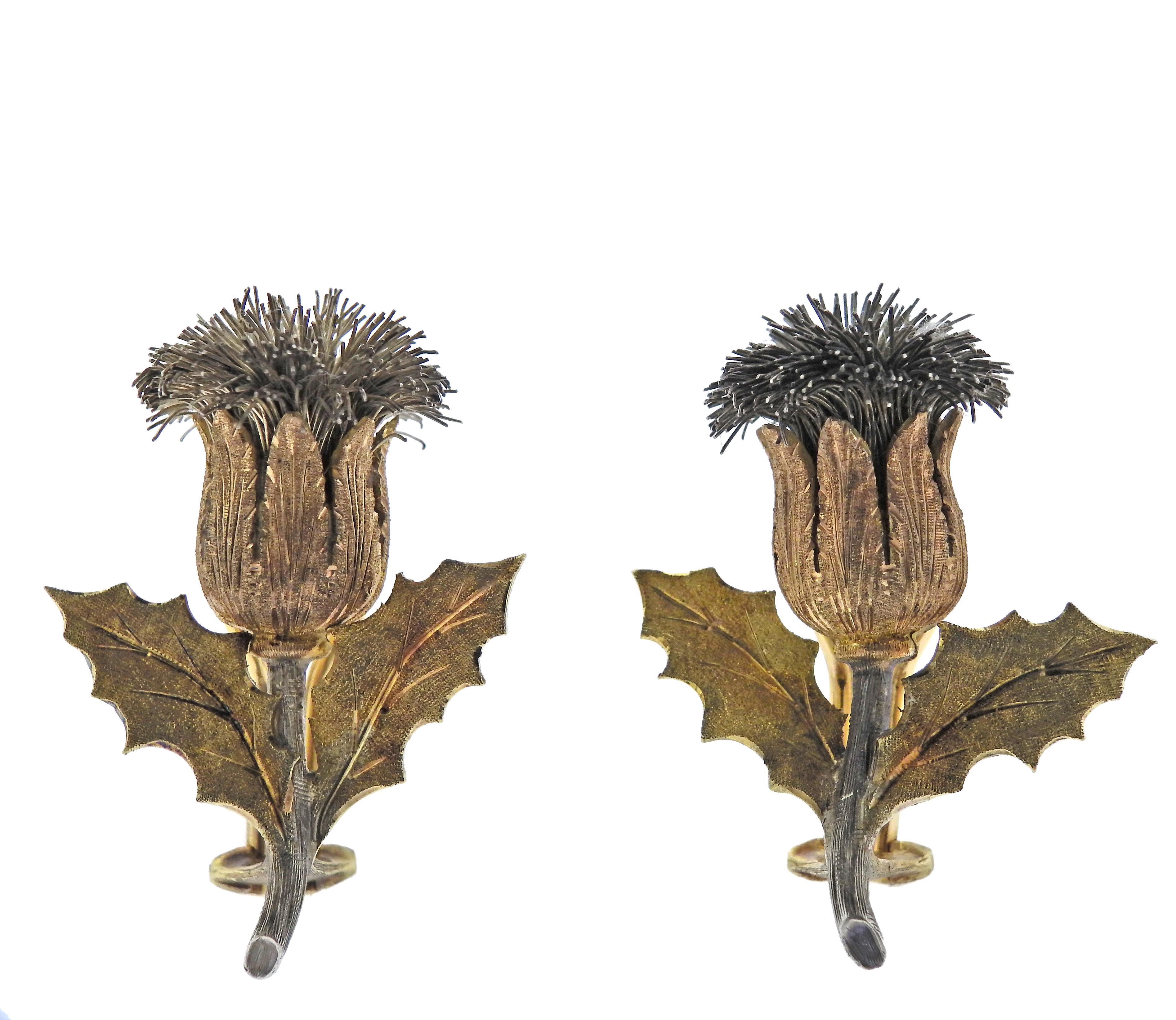 Pair of 18k multi color gold and silver thistle earrings, crafted by Buccellati. Earrings are 35mm x 26mm. and weigh 19.2 grams. 750, Federico Buccellati.