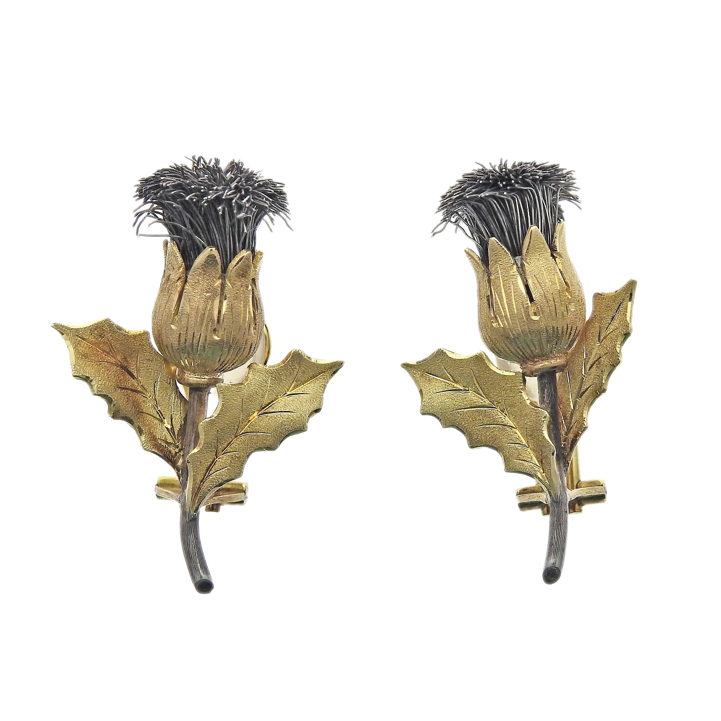 Buccellati Gold Silber Distel Ohrringe. Bisheriger Besitz ausgezeichneter Zustand. Die Ohrringe messen 36 mm x 24 mm. Gezeichnet: Italien, 18k, J****, Gianmaria Buccellati. Das Gewicht beträgt 20.6 Gramm.