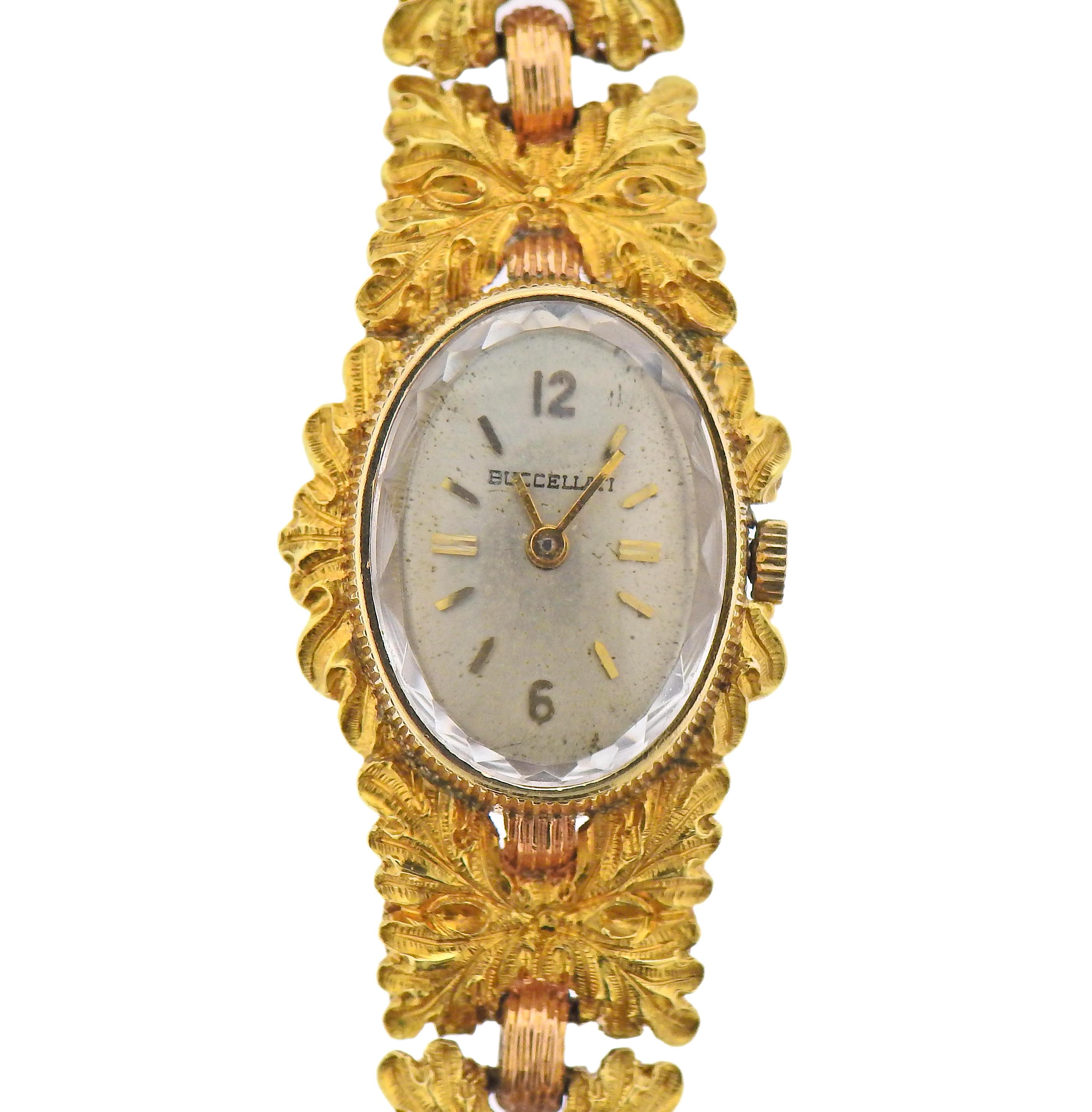 Vintage 18k gold watch bracelet by Buccellati. Manual wind movement. Case measures 19mm x 20mm. Bracelet is 6.25