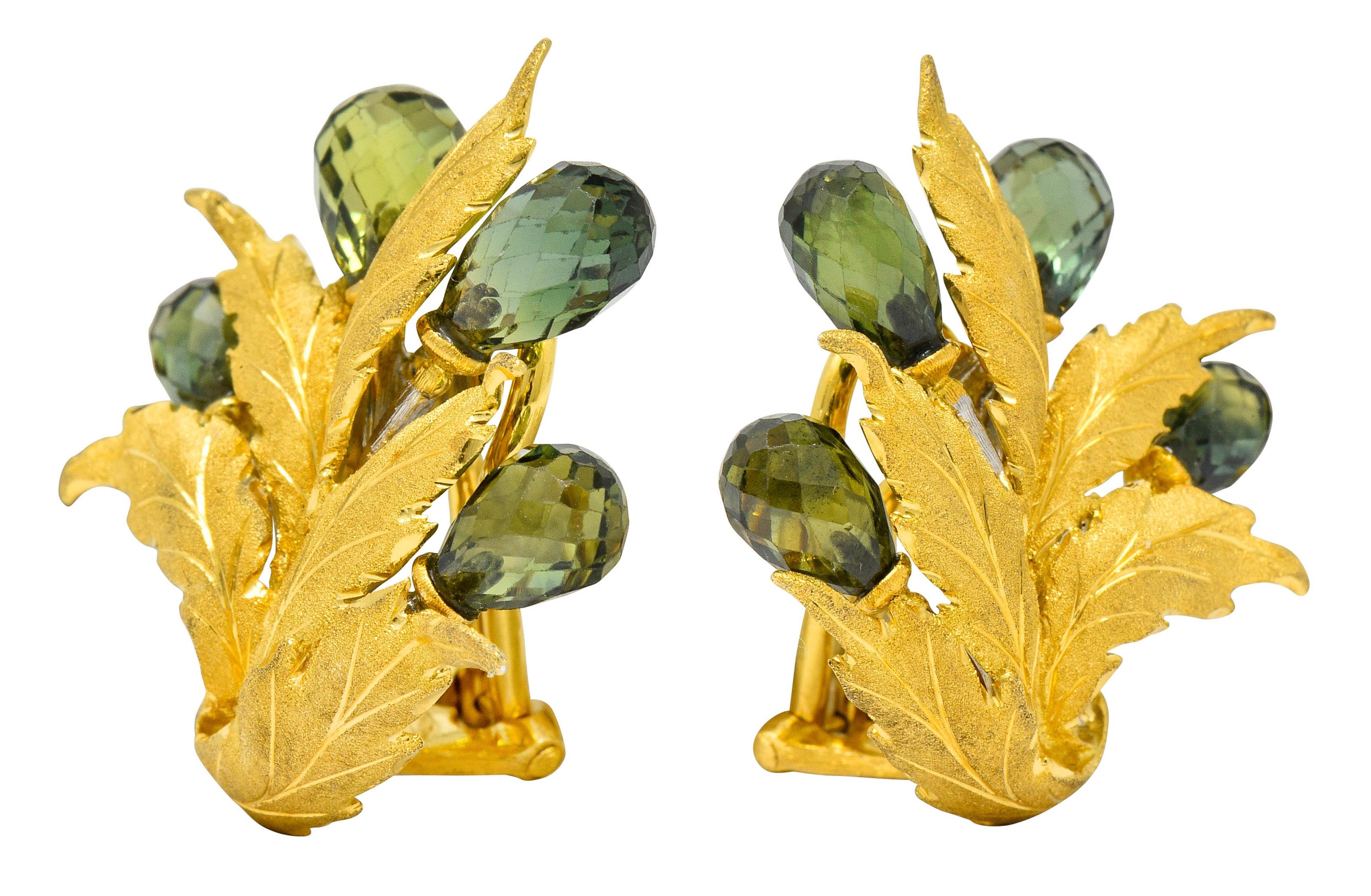 Contemporary Buccellati Green Sapphire Briolette 18 Karat Two-Tone Gold Leaf Clip Earrings
