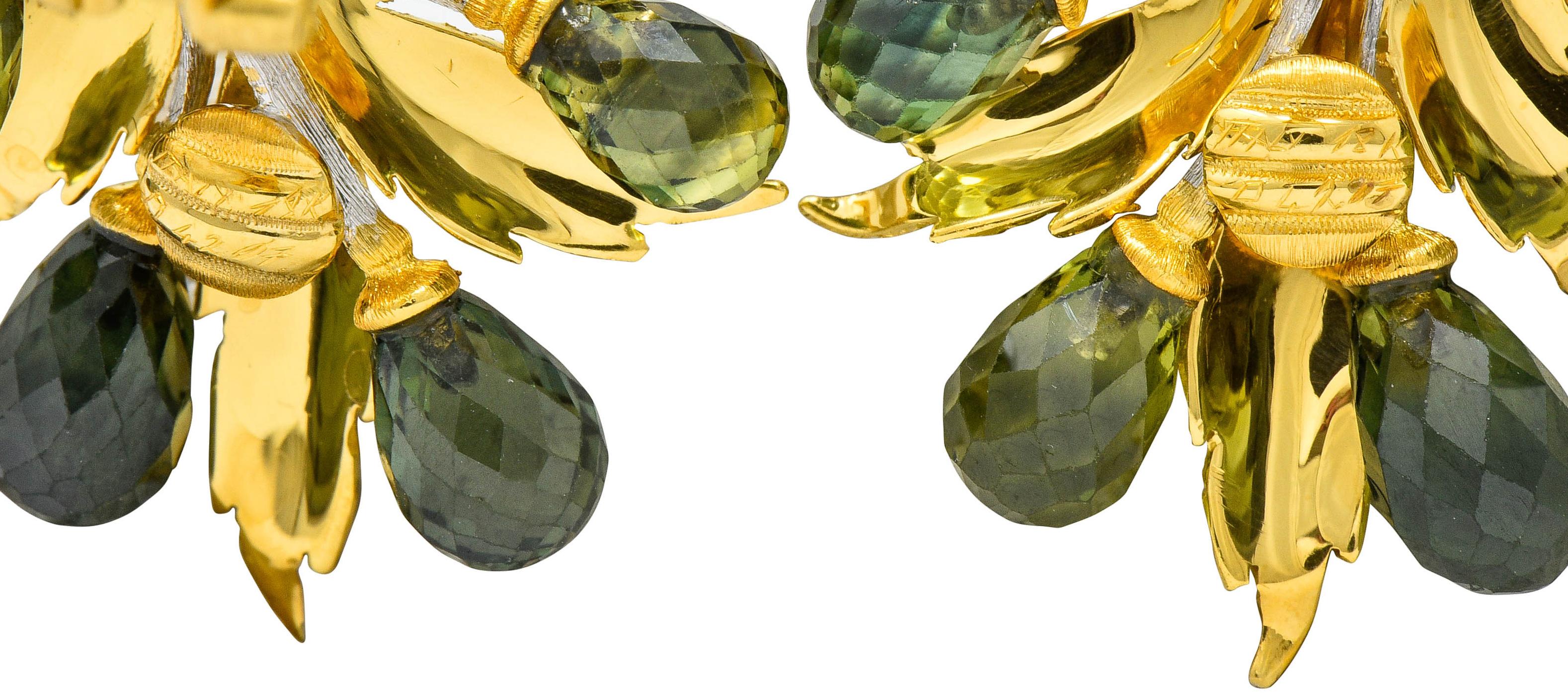 Briolette Cut Buccellati Green Sapphire Briolette 18 Karat Two-Tone Gold Leaf Clip Earrings