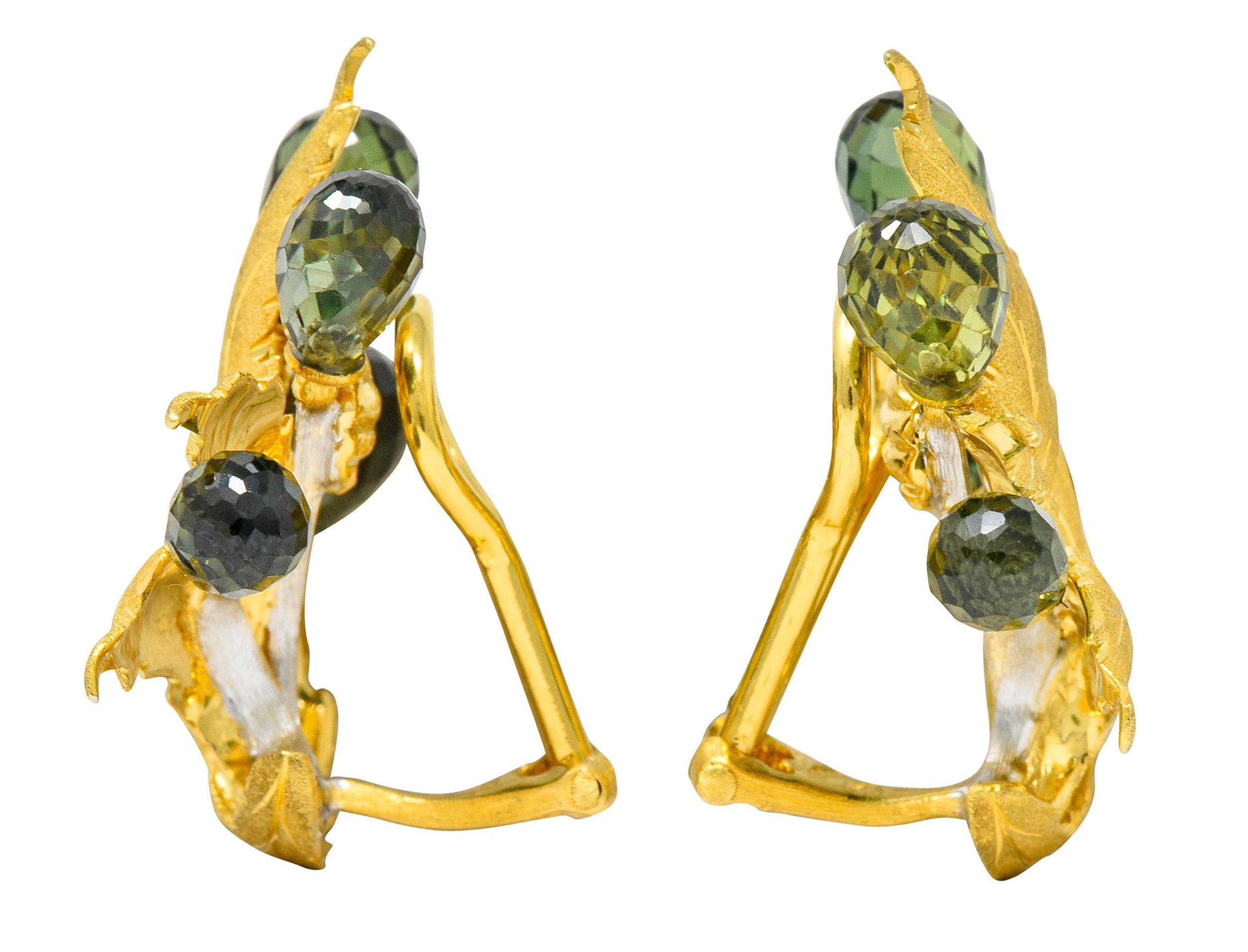 Buccellati Green Sapphire Briolette 18 Karat Two-Tone Gold Leaf Clip Earrings In Excellent Condition In Philadelphia, PA