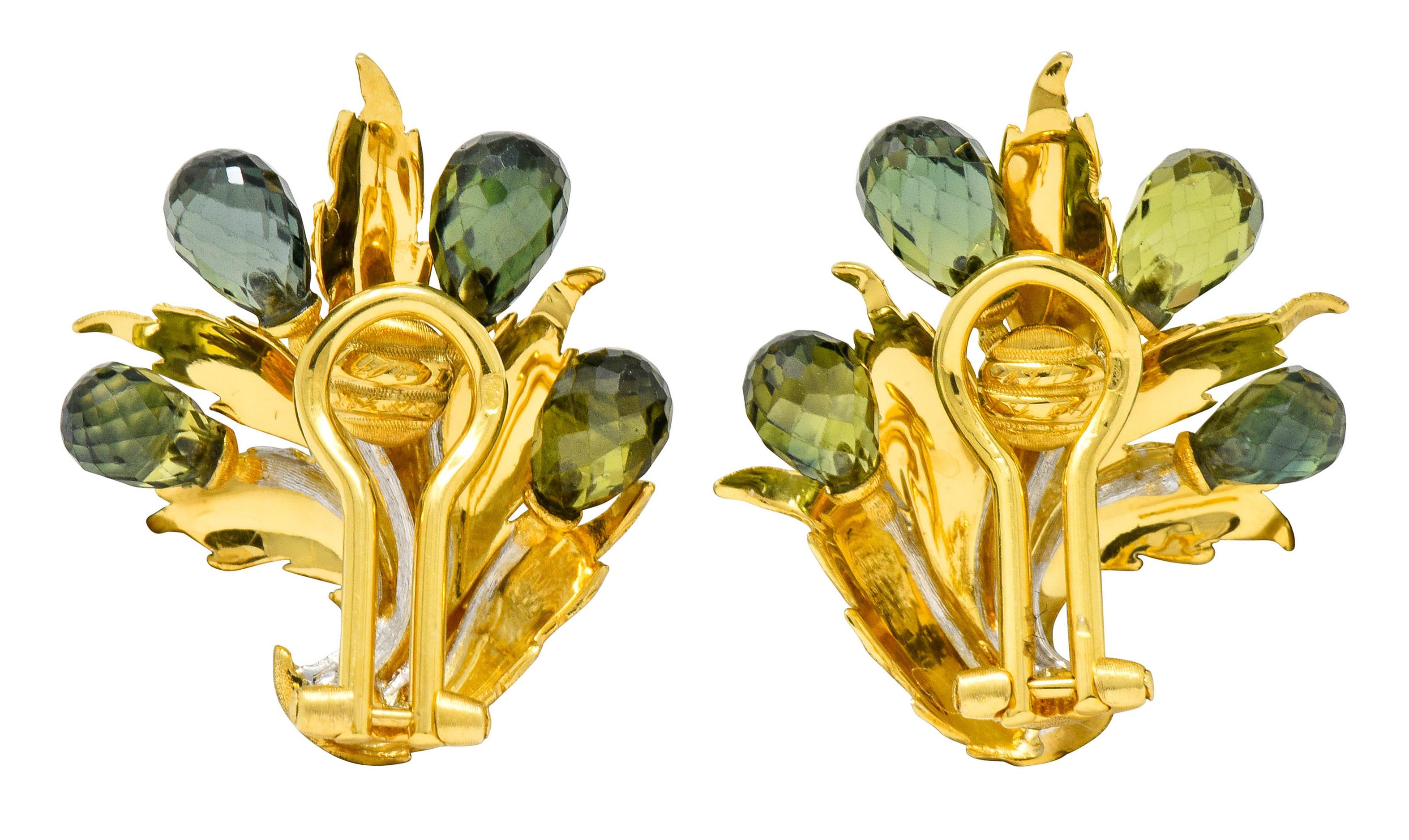 Women's or Men's Buccellati Green Sapphire Briolette 18 Karat Two-Tone Gold Leaf Clip Earrings