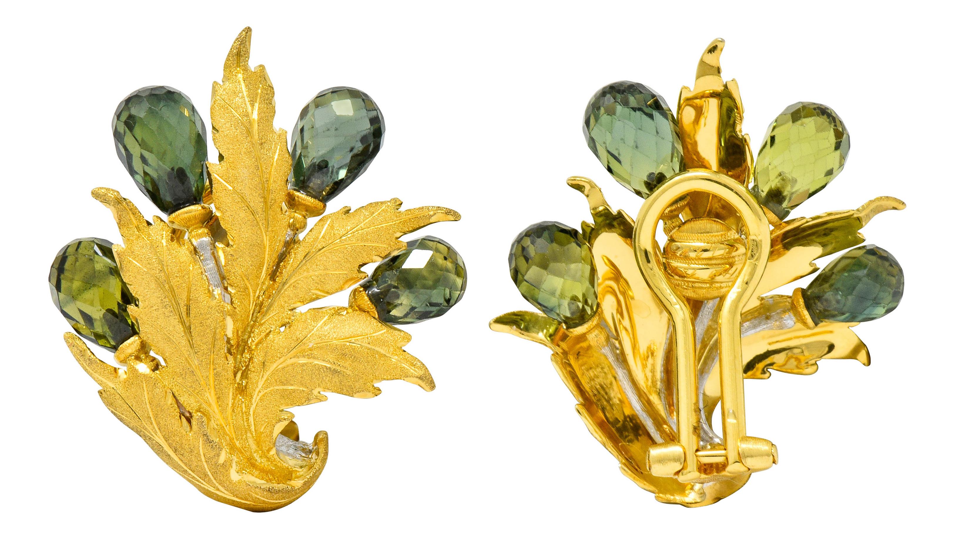 Buccellati Green Sapphire Briolette 18 Karat Two-Tone Gold Leaf Clip Earrings 1