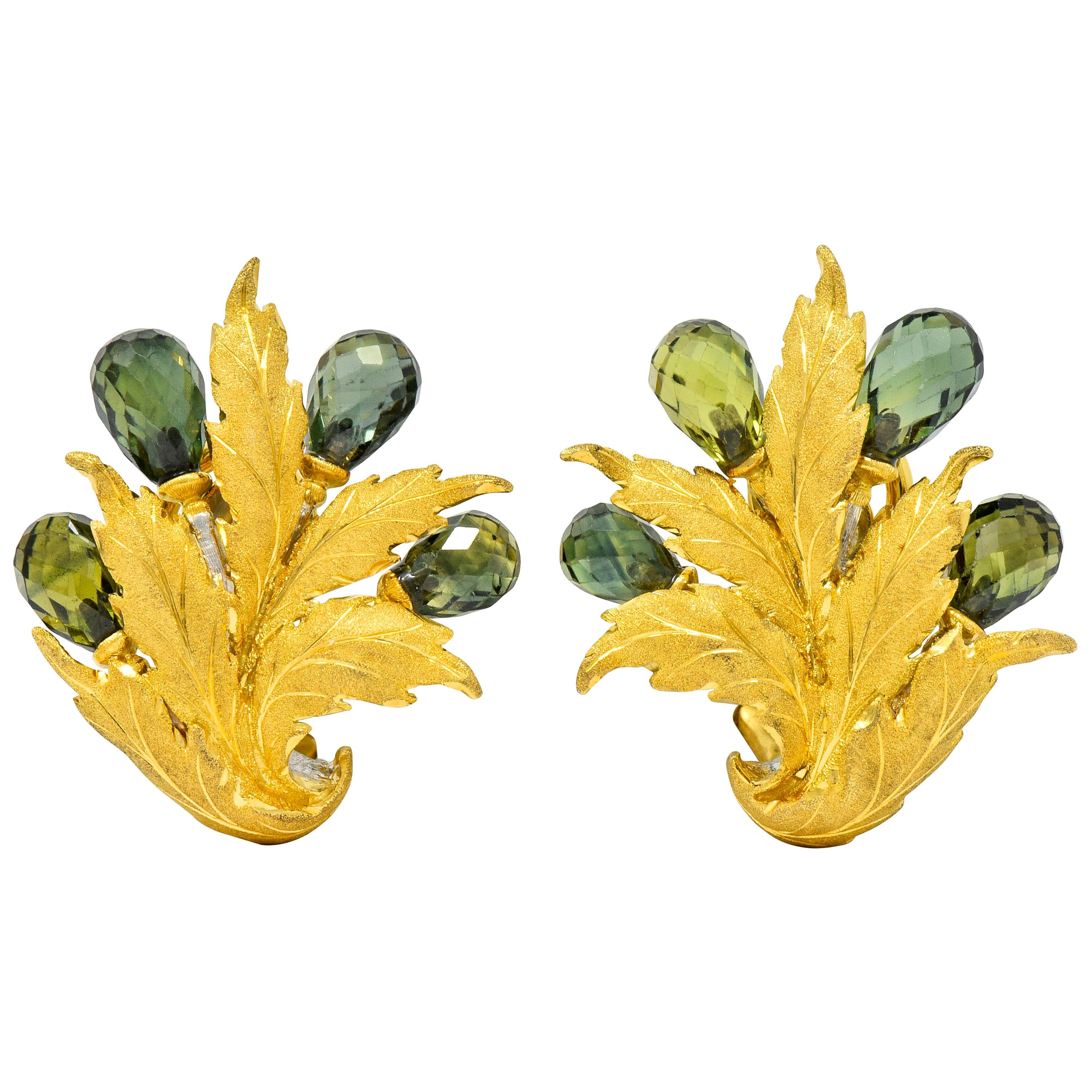 Buccellati Green Sapphire Briolette 18 Karat Two-Tone Gold Leaf Clip Earrings
