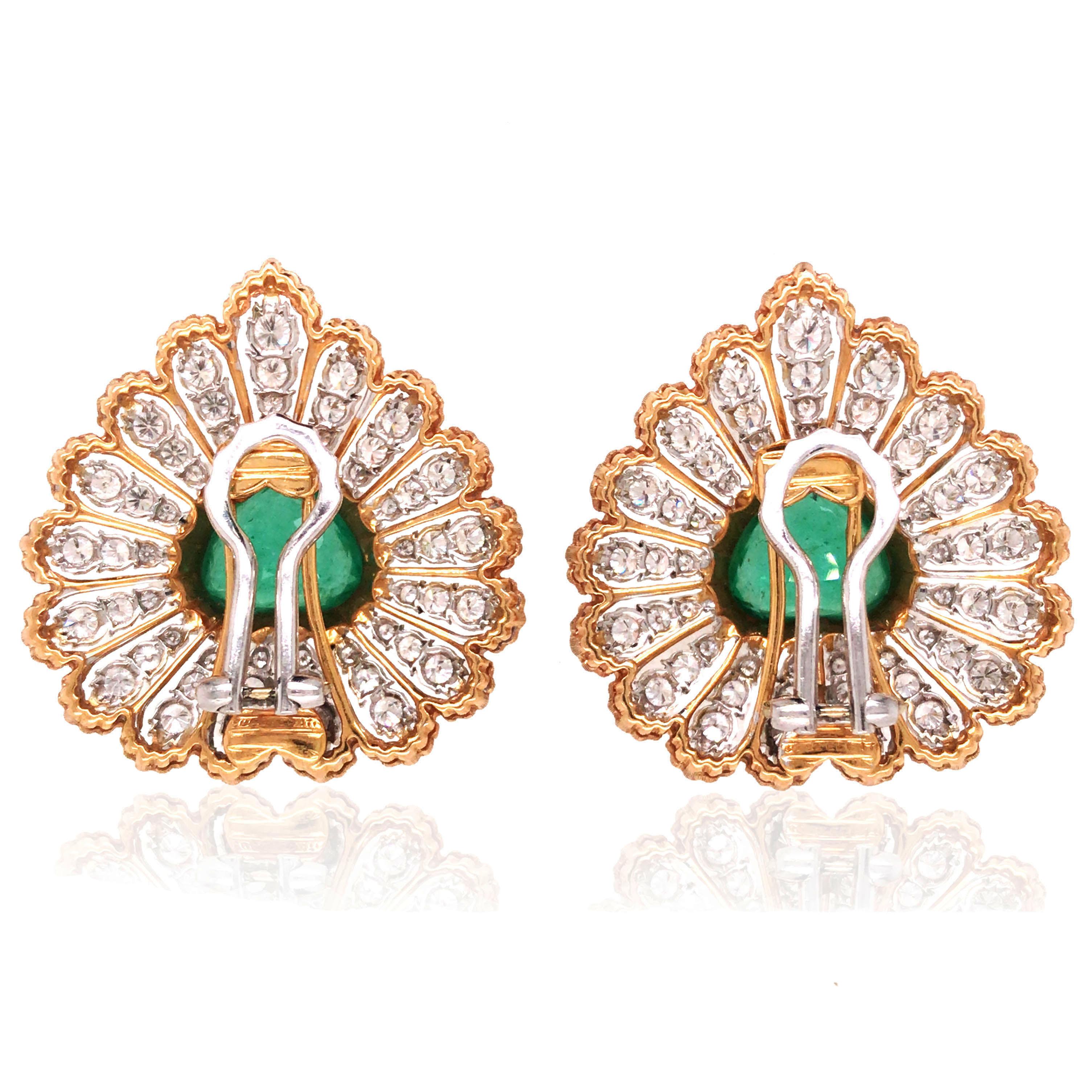 Heart Cut Buccellati, Heart-shaped Emerald Diamond Gold Earrings, AGL For Sale