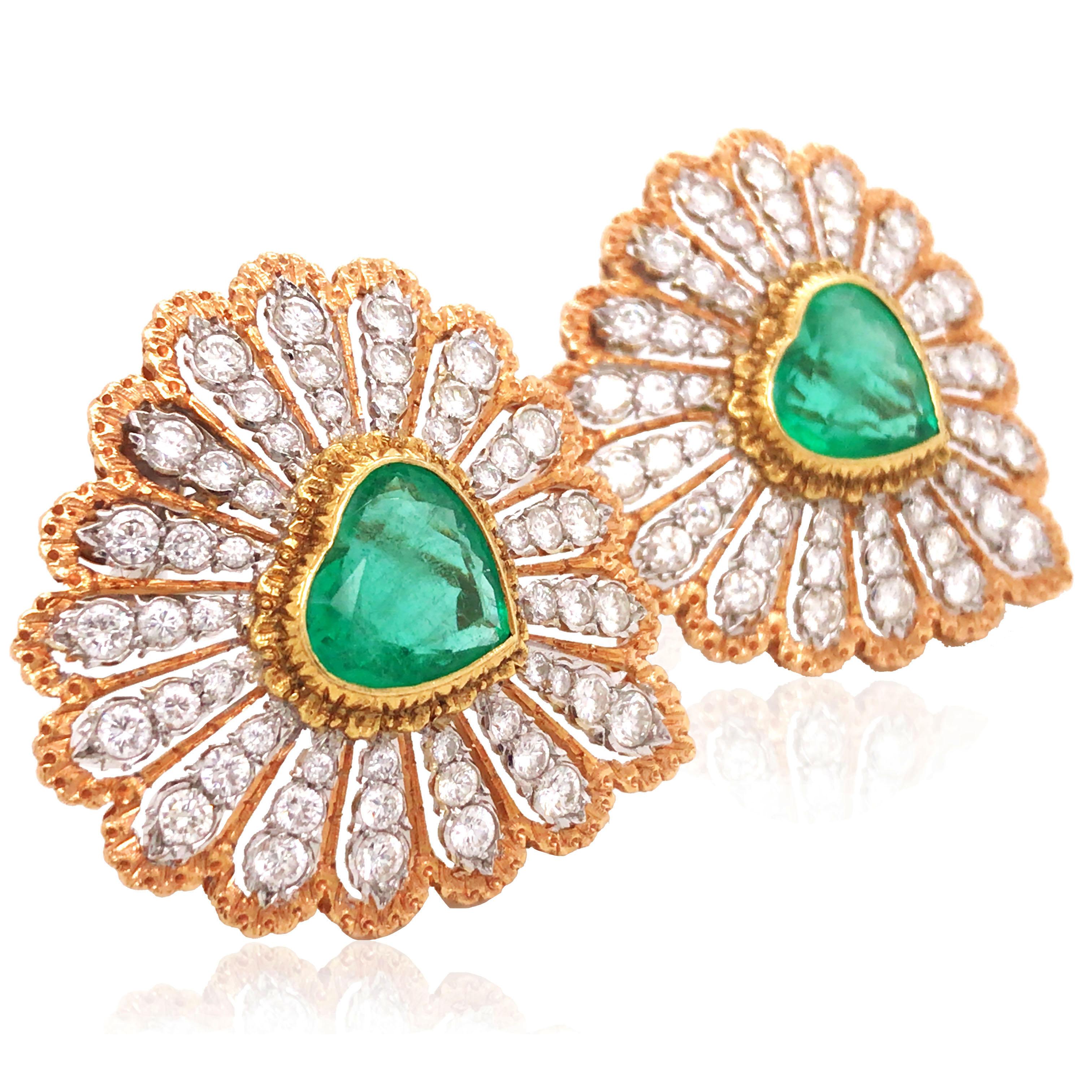 Buccellati, Heart-shaped Emerald Diamond Gold Earrings, AGL In Good Condition For Sale In New York, NY