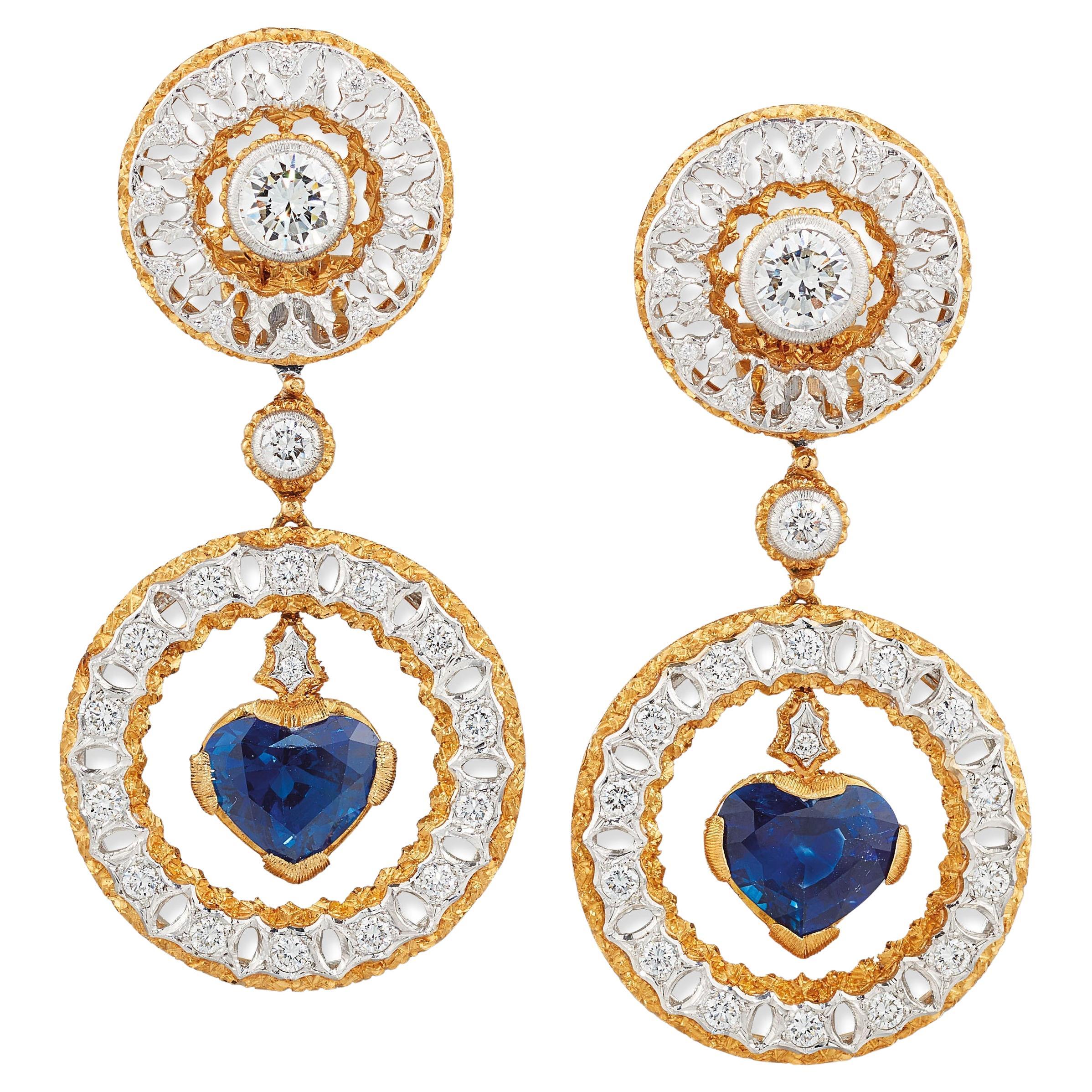 Buccellati Heart Shaped Sapphire and Diamond Dangle Earrings, C. 1970 For Sale