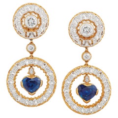 Buccellati Heart Shaped Sapphire and Diamond Dangle Earrings, C. 1970