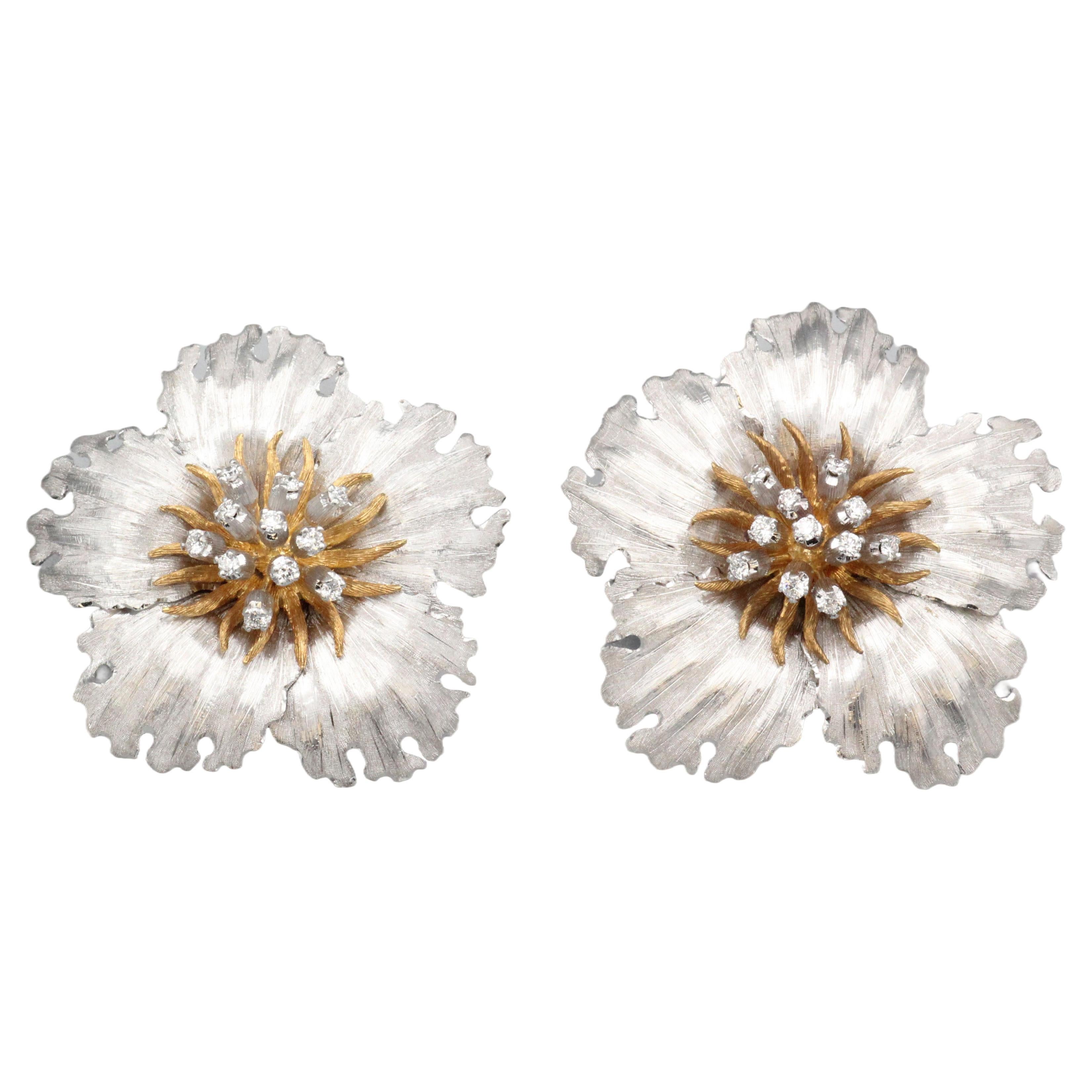 Buccellati Hibiscus Flower Diamond Two-Tone 18 Karat Gold Earrings