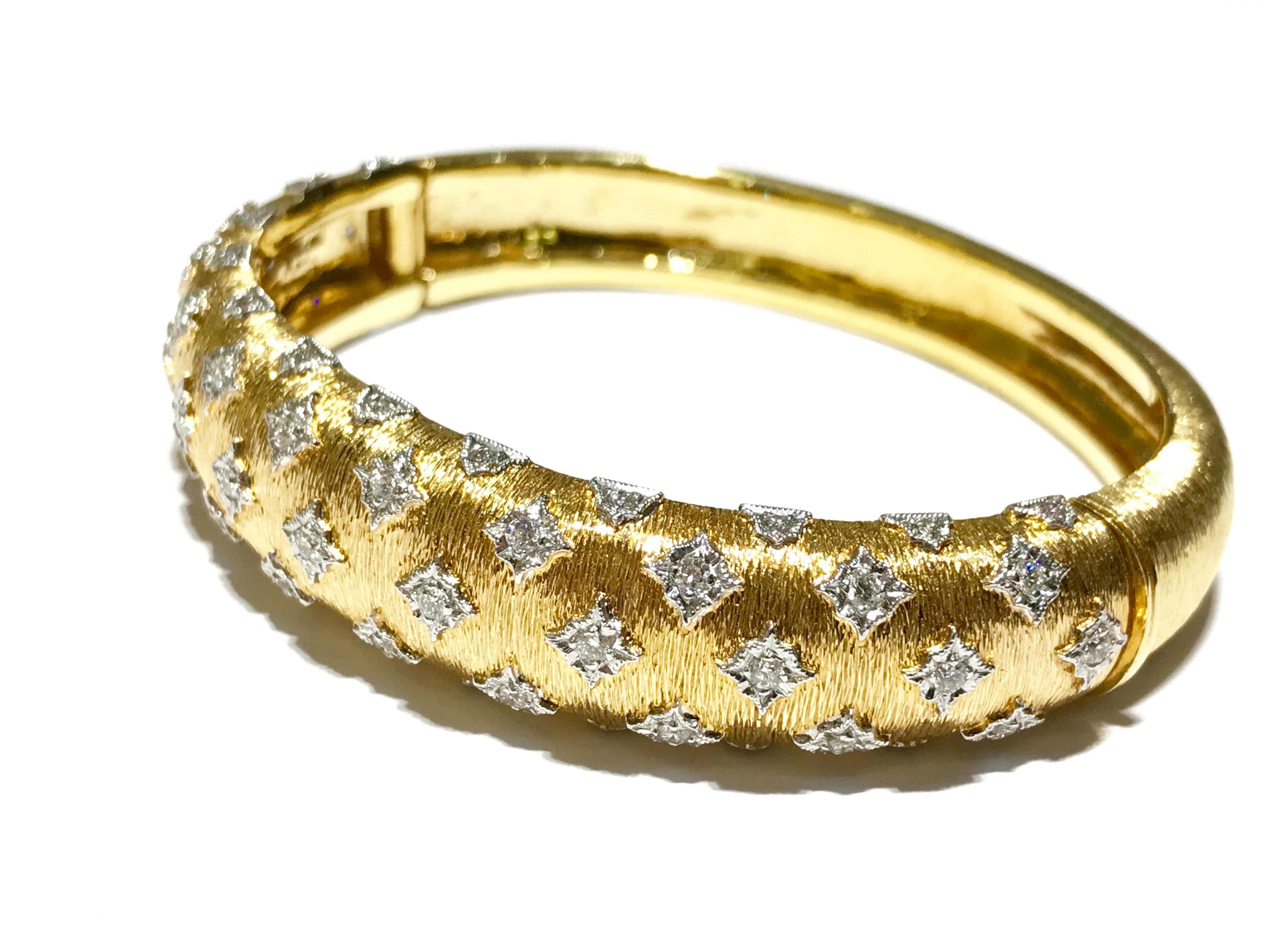 Round Cut Custom Design Bracelet in Yellow Gold with White Gold Bezels Set with Diamonds For Sale