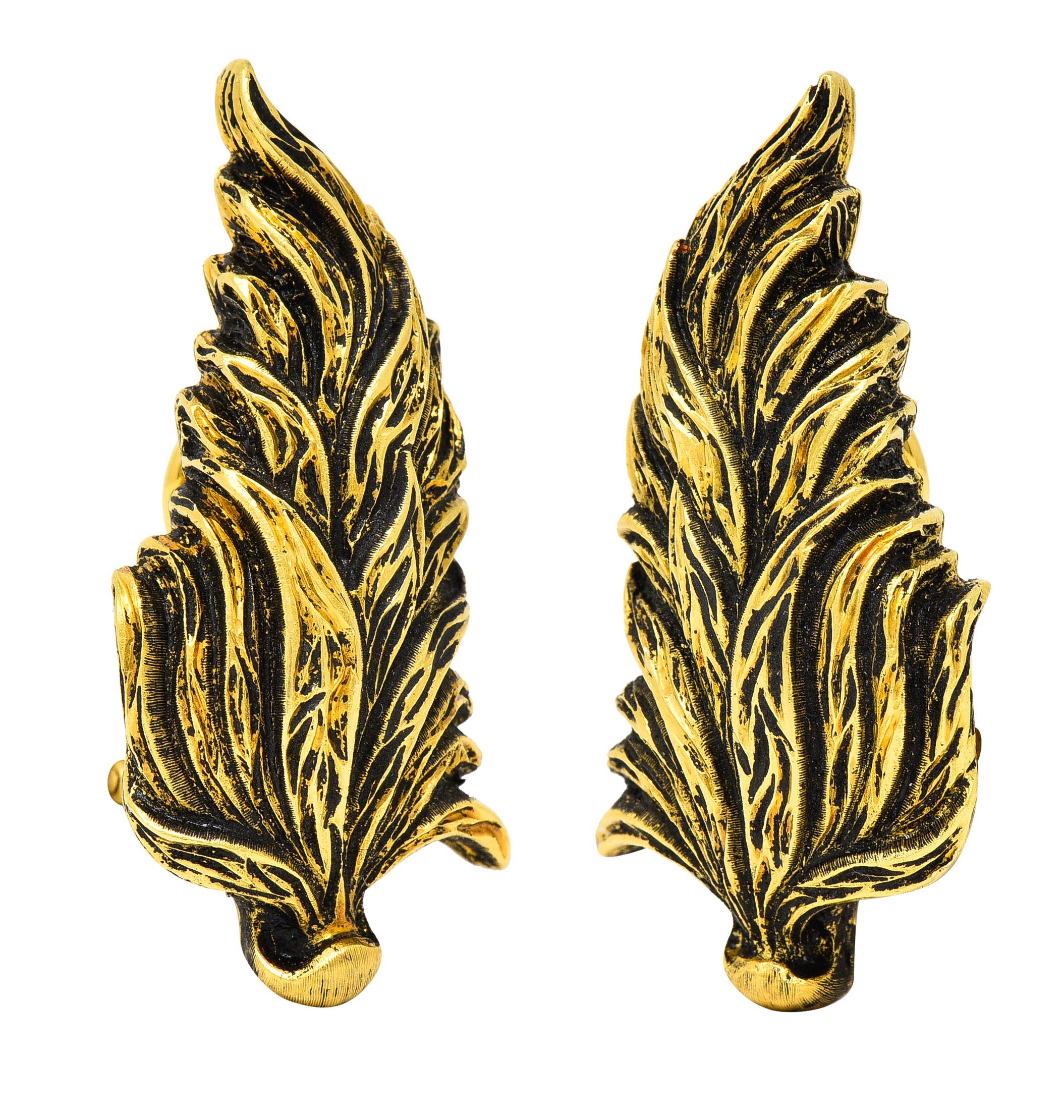 Buccellati Italian 18 Karat Yellow Gold Feather Vintage Ear-Clip Earrings 3