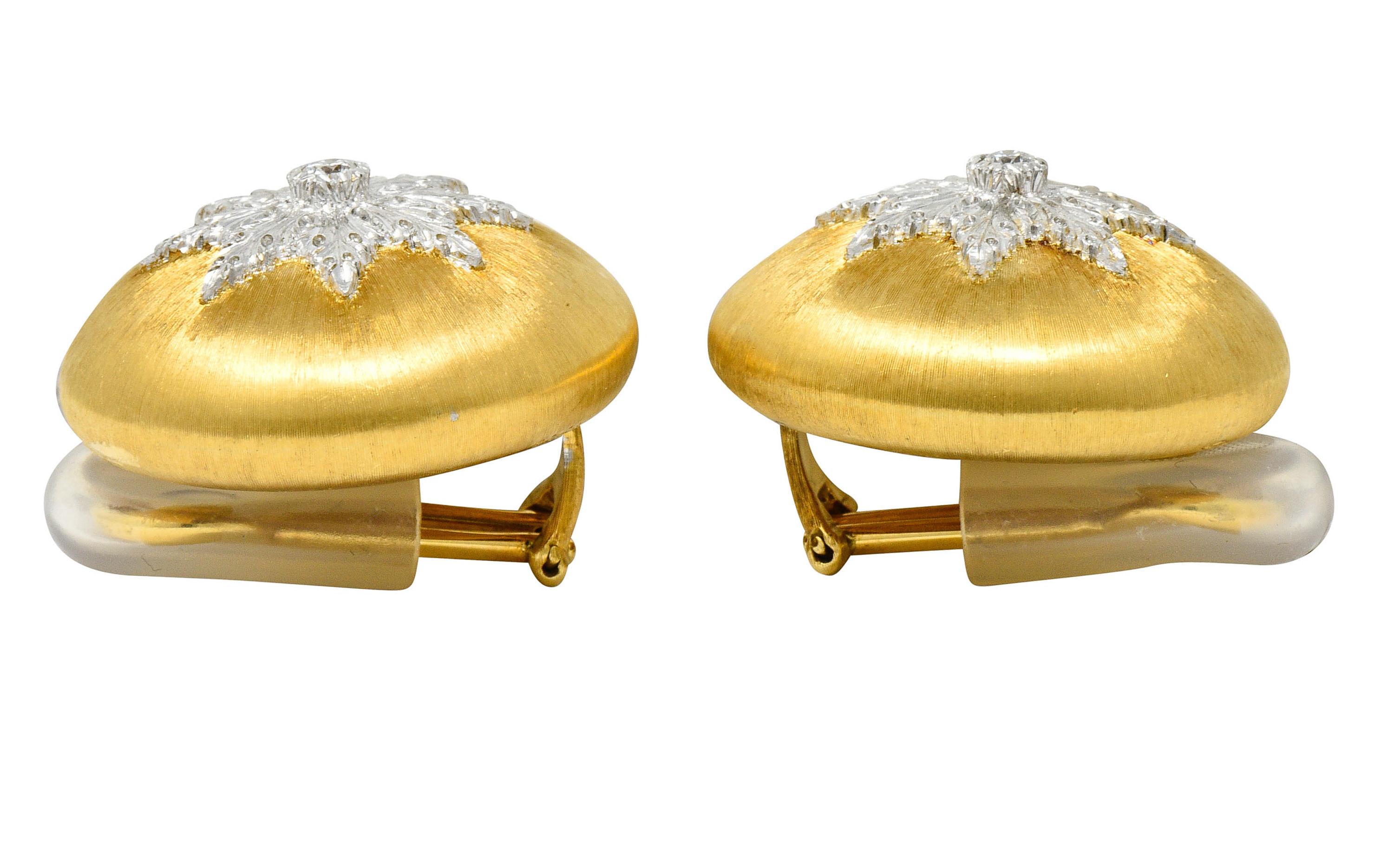 Buccellati Italian Diamond 18 Karat Two-Toned Gold Snowflake Ear-Clip Earrings In Excellent Condition In Philadelphia, PA