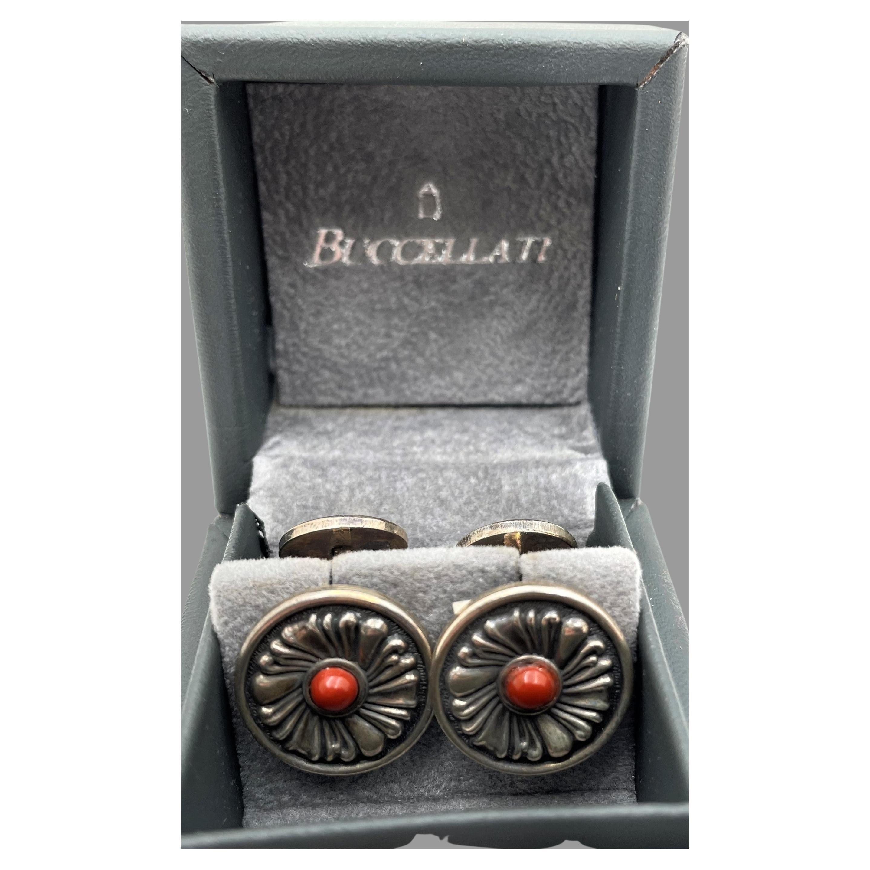 Buccellati Italian Pair of Sterling Silver & Jasper Floral Cufflinks