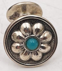 Buccellati Italian Pair of Sterling Silver & Turquoise Cufflinks Floral Design