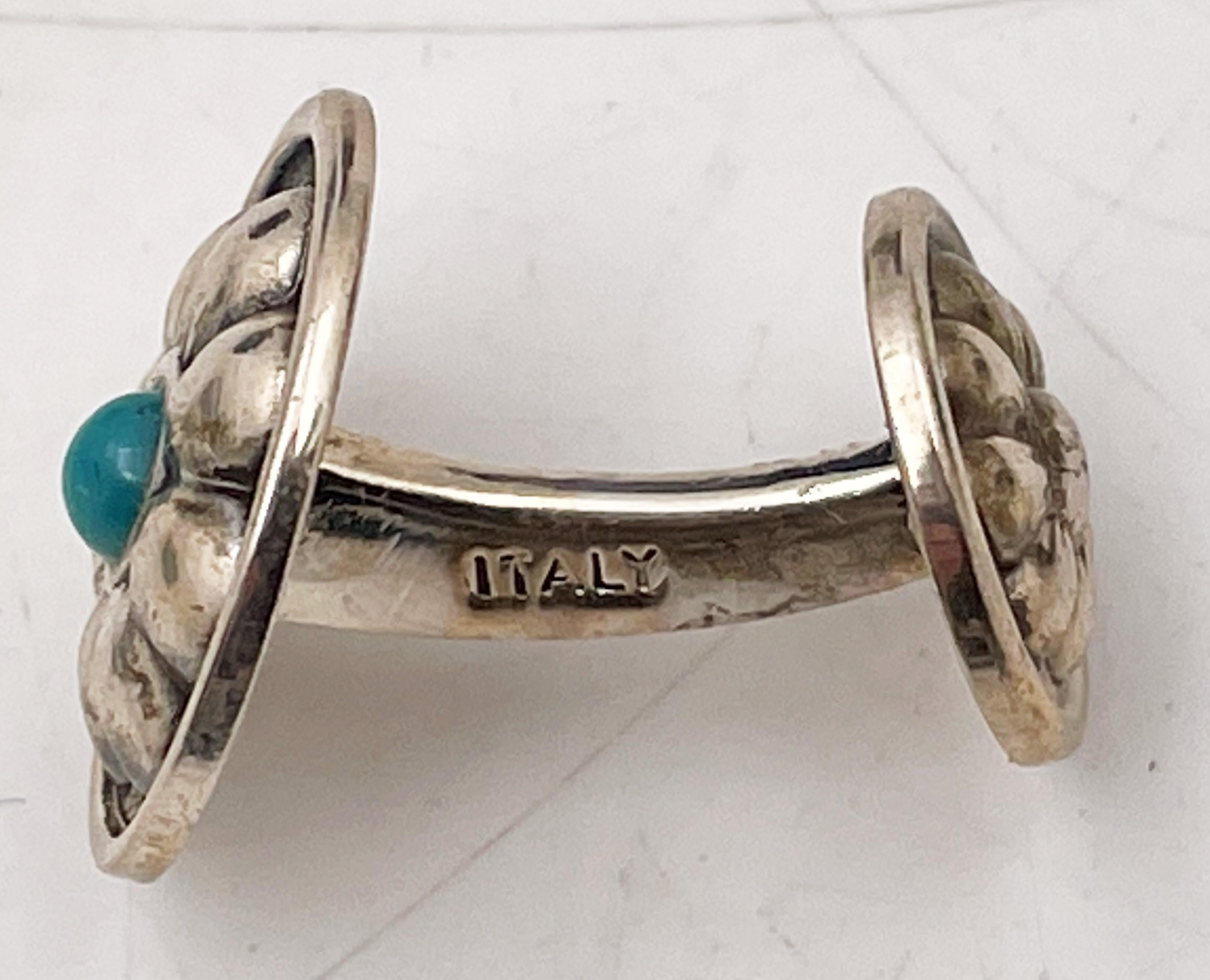Buccellati Italian Pair of Sterling Silver & Turquoise Cufflinks Floral Design In Excellent Condition In New York, NY
