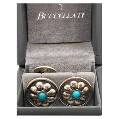 Buccellati Italienisches Paar Manschettenknöpfe aus Sterlingsilber und Türkis mit Blumenmuster