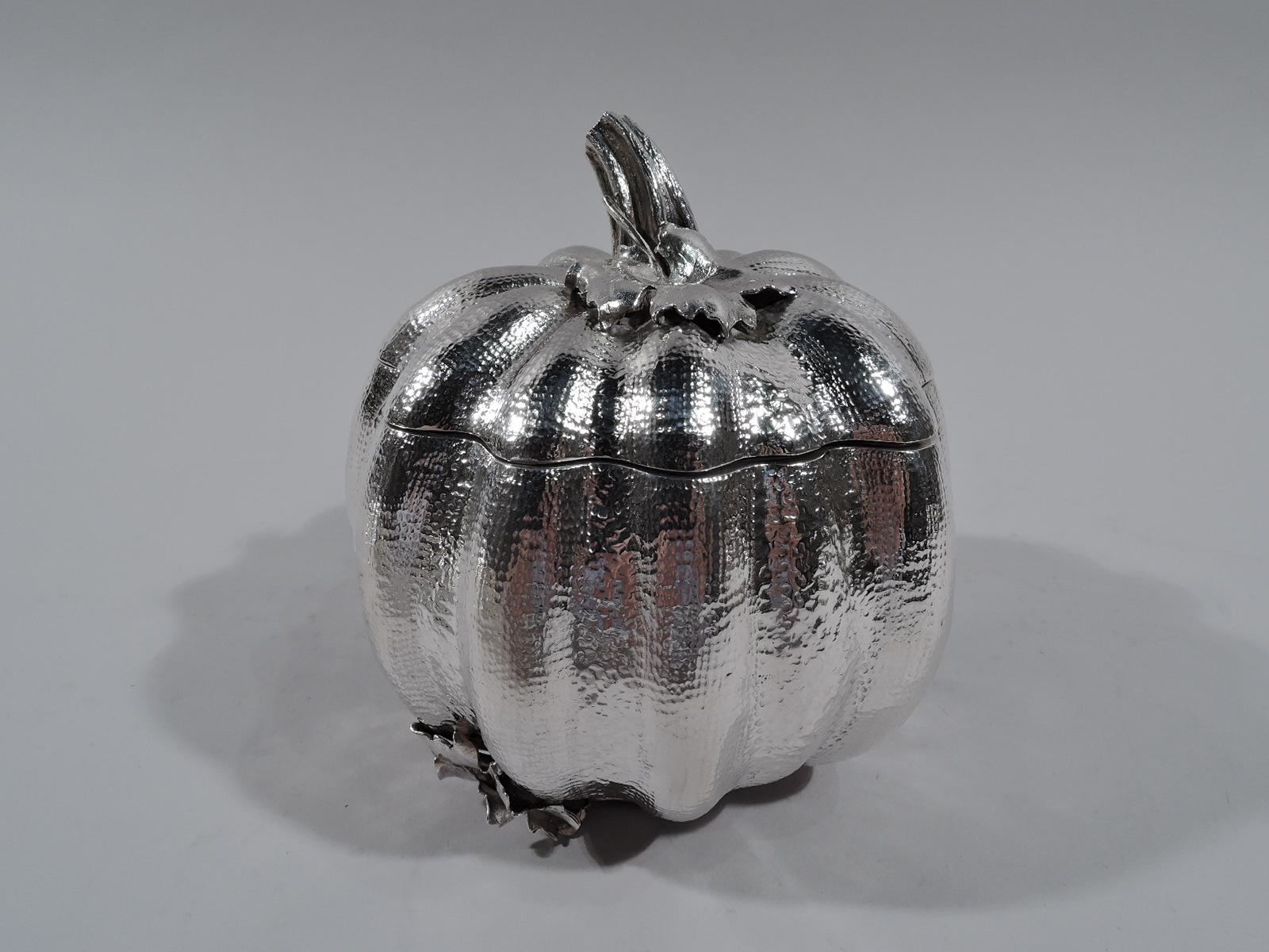 Figural sterling silver box. Gourd-form with lobes and stippled skin. Cover has leafing-stem finial. Rests on 3 leaf supports. Nubby and irregular. Marked “Buccellati / Italy / Sterling” and post-1967 Italian mark for Pradella Ilario. Weight: 13.5