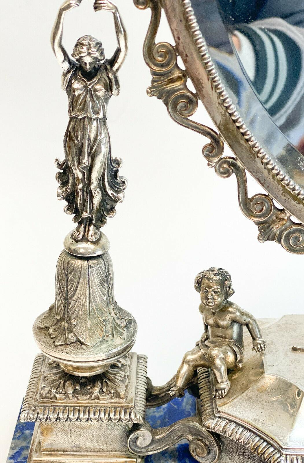 European Buccellati Italian Sterling Silver and Lapis Lazuli Vanity Mirror For Sale