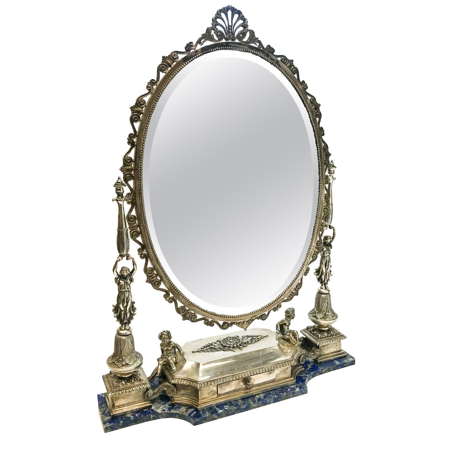 Buccellati Italian Sterling Silver and Lapis Lazuli Vanity Mirror For Sale