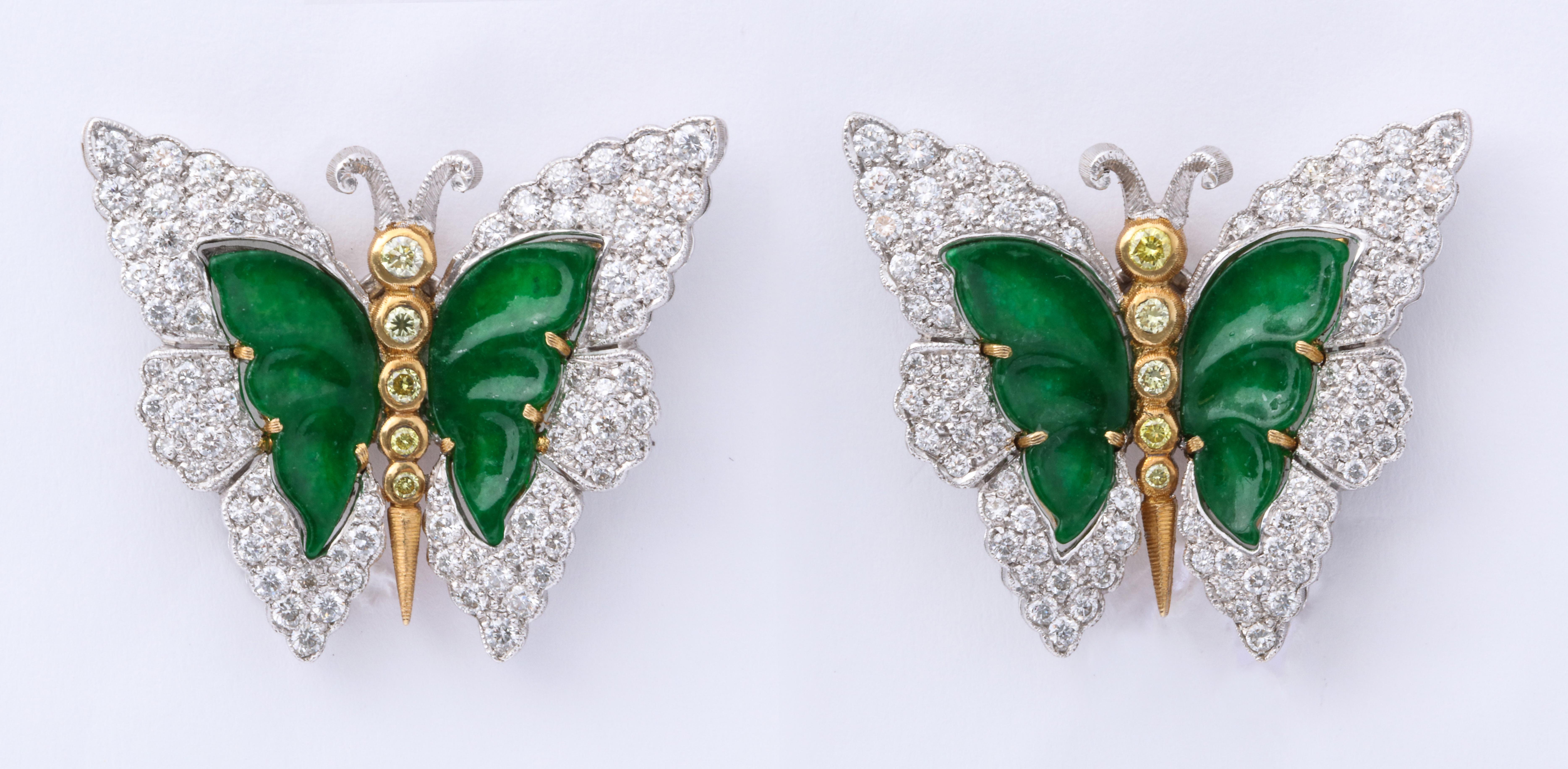 Extremely rare butterfly earrings by Buccellati featuring a yellow diamond set body, further embellished with carved green jade and diamond set wings.  Delicate and feminine on the ear, they epitomize the creativity of one of Italy's finest