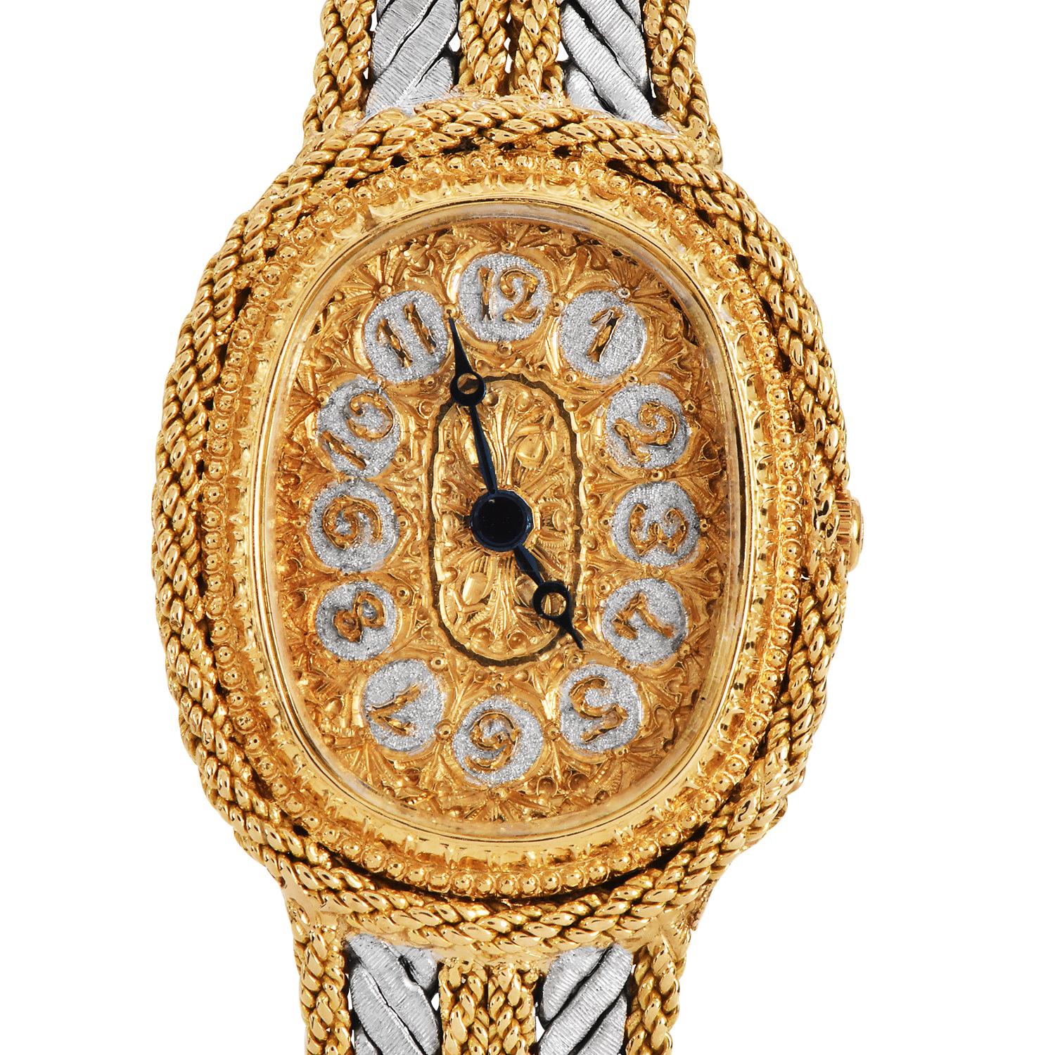 Gianmaria Buccellati Damen Armbanduhr 18K Gelb- und Weißgold

Diese exquisite Damenuhr von Gianmaria Buccellati zeugt von italienischer Eleganz und meisterhafter Handwerkskunst. Dieser luxuriöse Zeitmesser aus 18-karätigem Gelb- und Weißgold