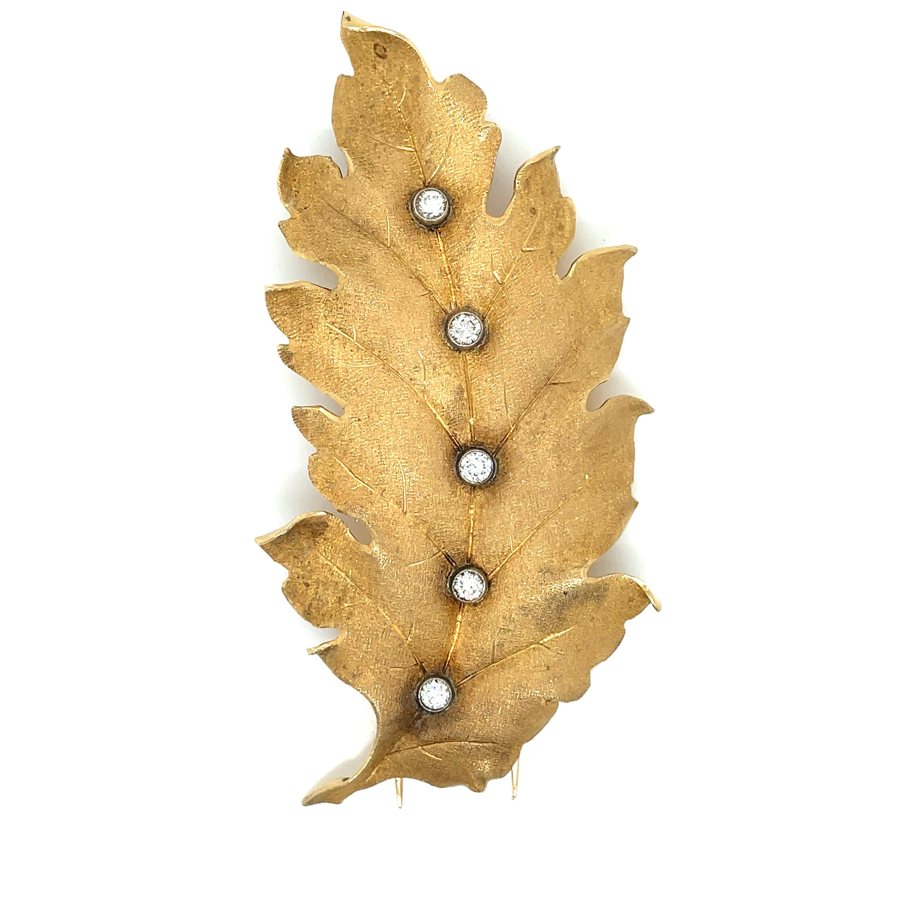 Round Cut Mario Buccellati Leaf Diamond Gold Brooch