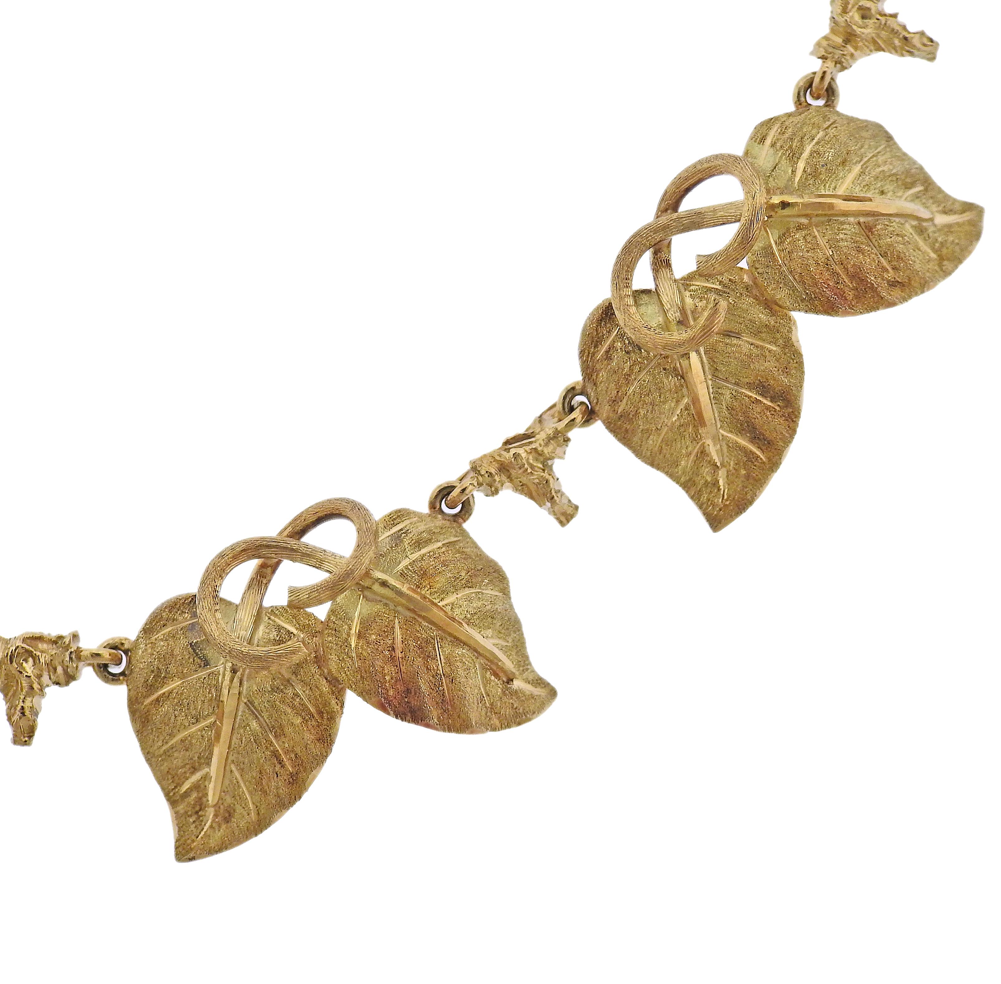 18k yellow gold leaf motif necklace by Buccellati. Necklace is 15